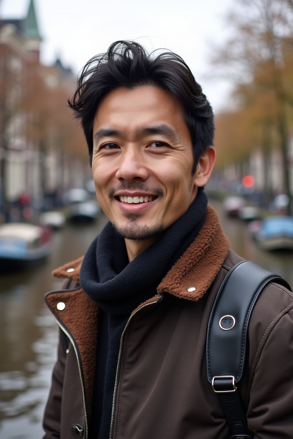 man as digital nomad in Amsterdam with the Amsterdam Canals in background