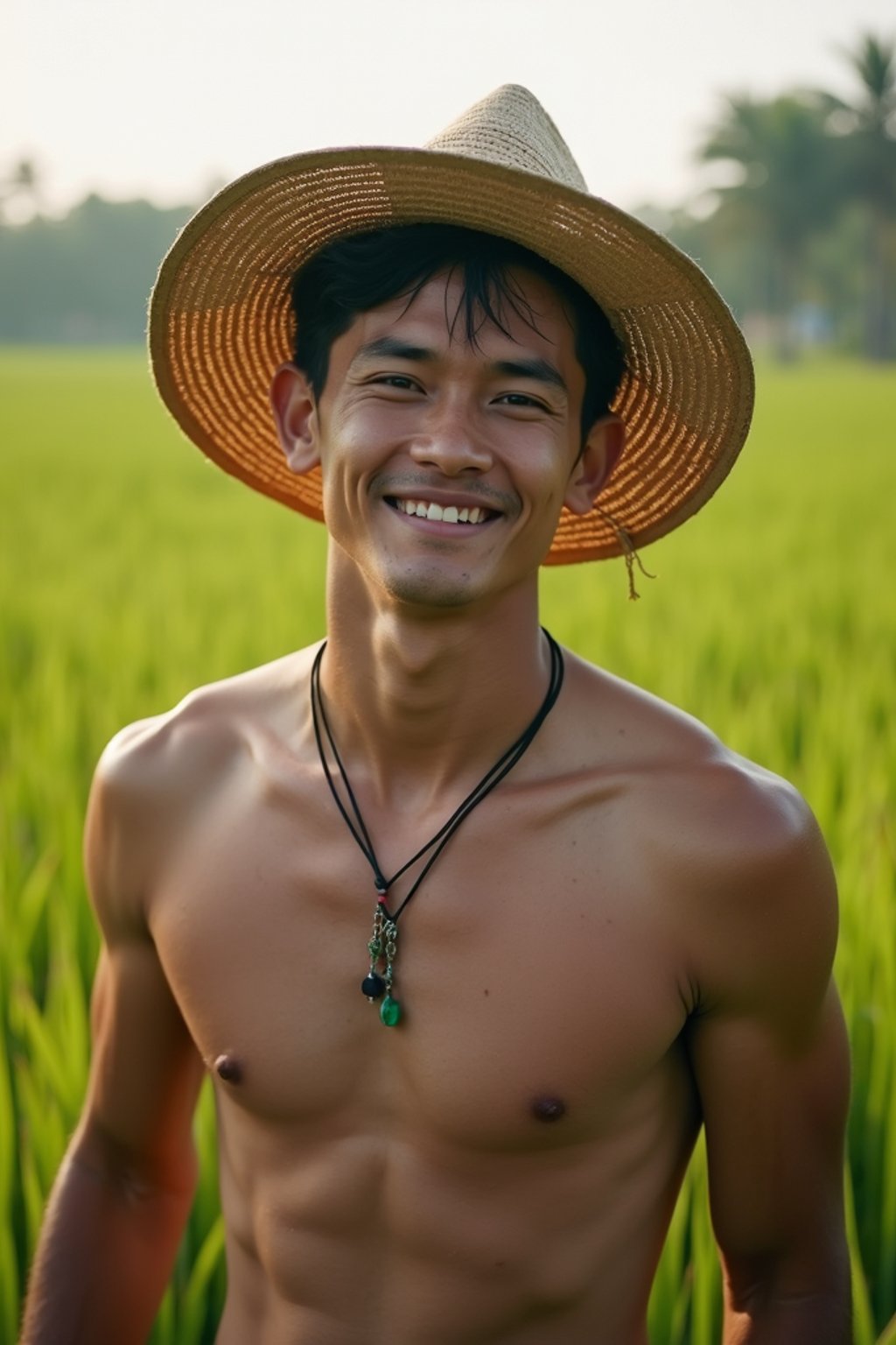 man as digital nomad in Canggu, Bali near rice fields