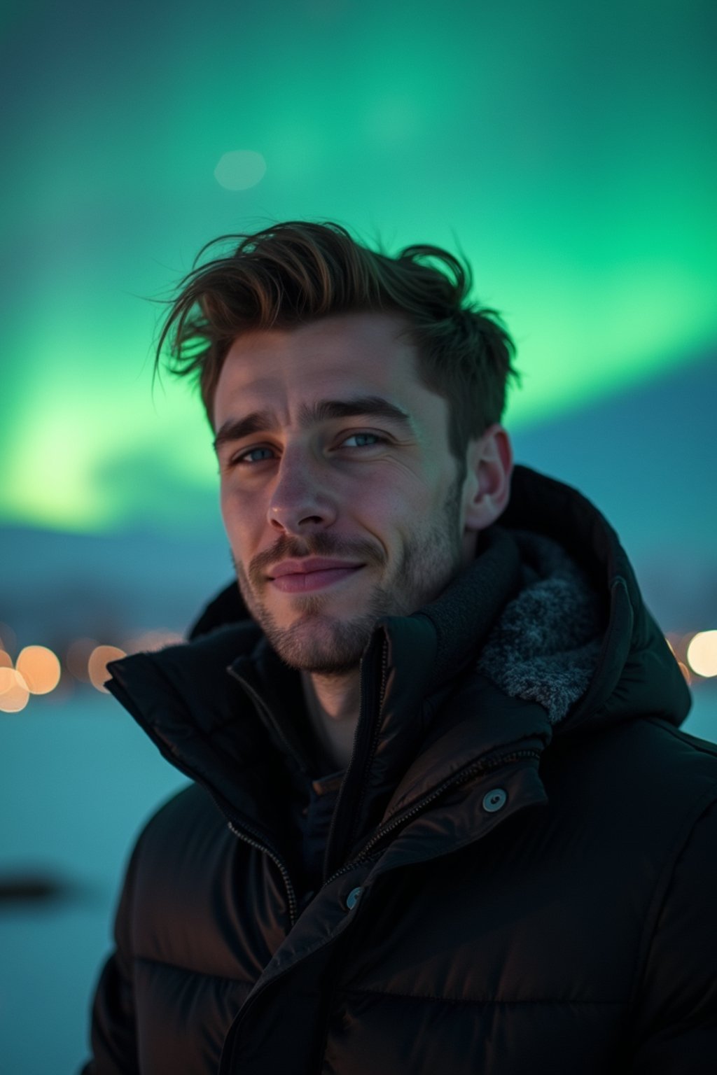 man as digital nomad in Reykjavik with the Northern Lights in the background