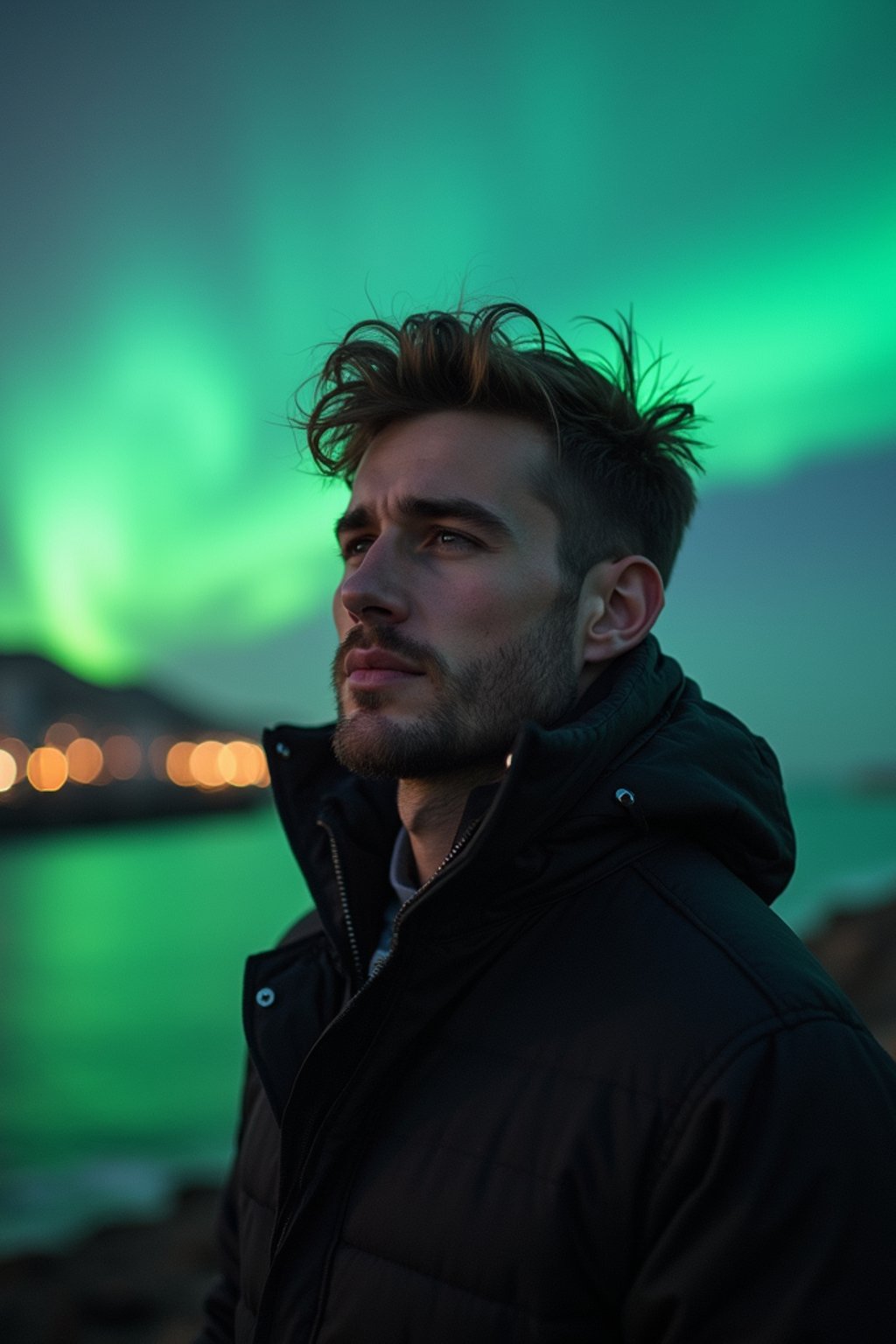 man as digital nomad in Reykjavik with the Northern Lights in the background