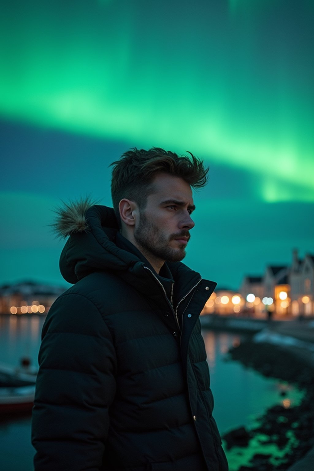 man as digital nomad in Reykjavik with the Northern Lights in the background