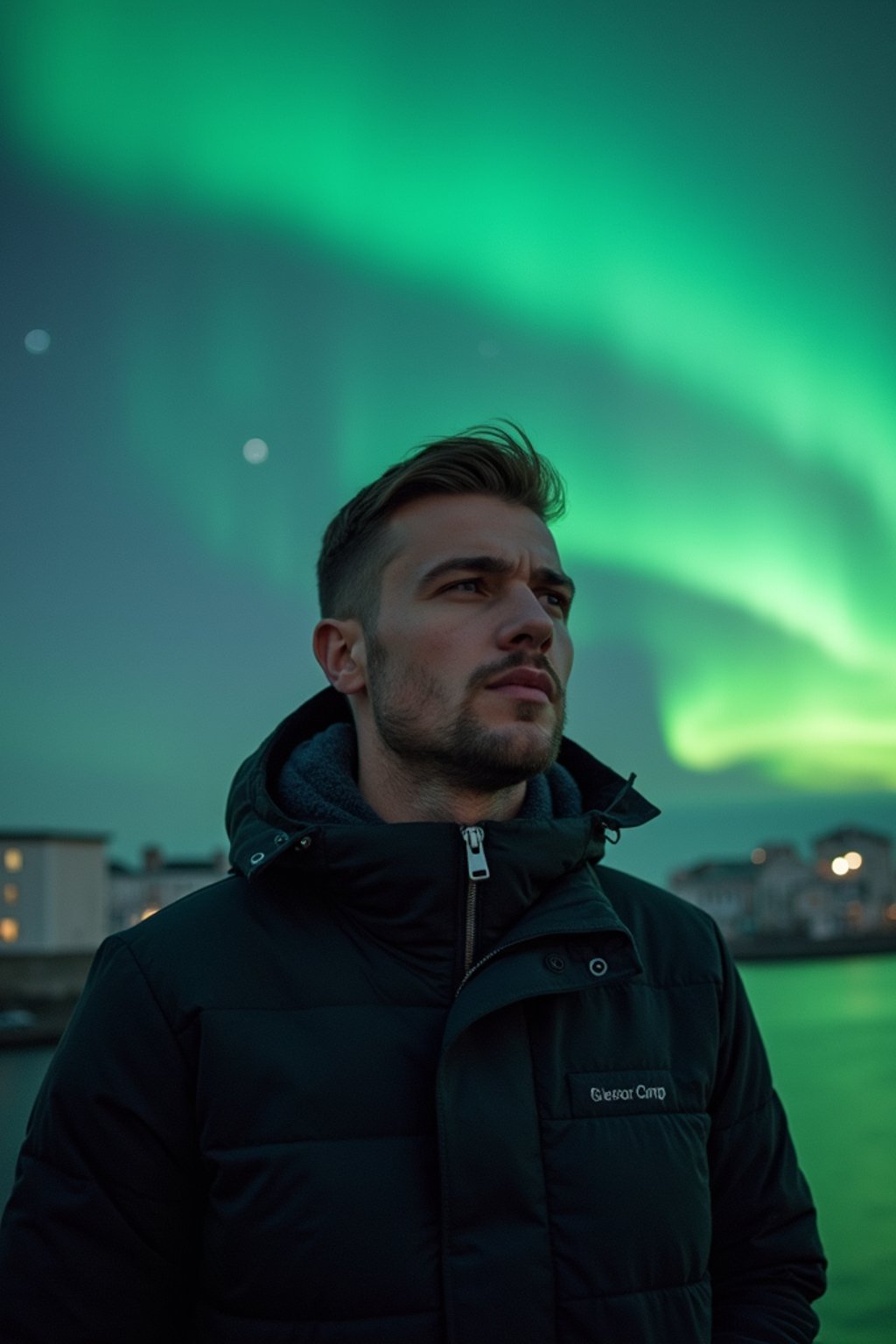 man as digital nomad in Reykjavik with the Northern Lights in the background