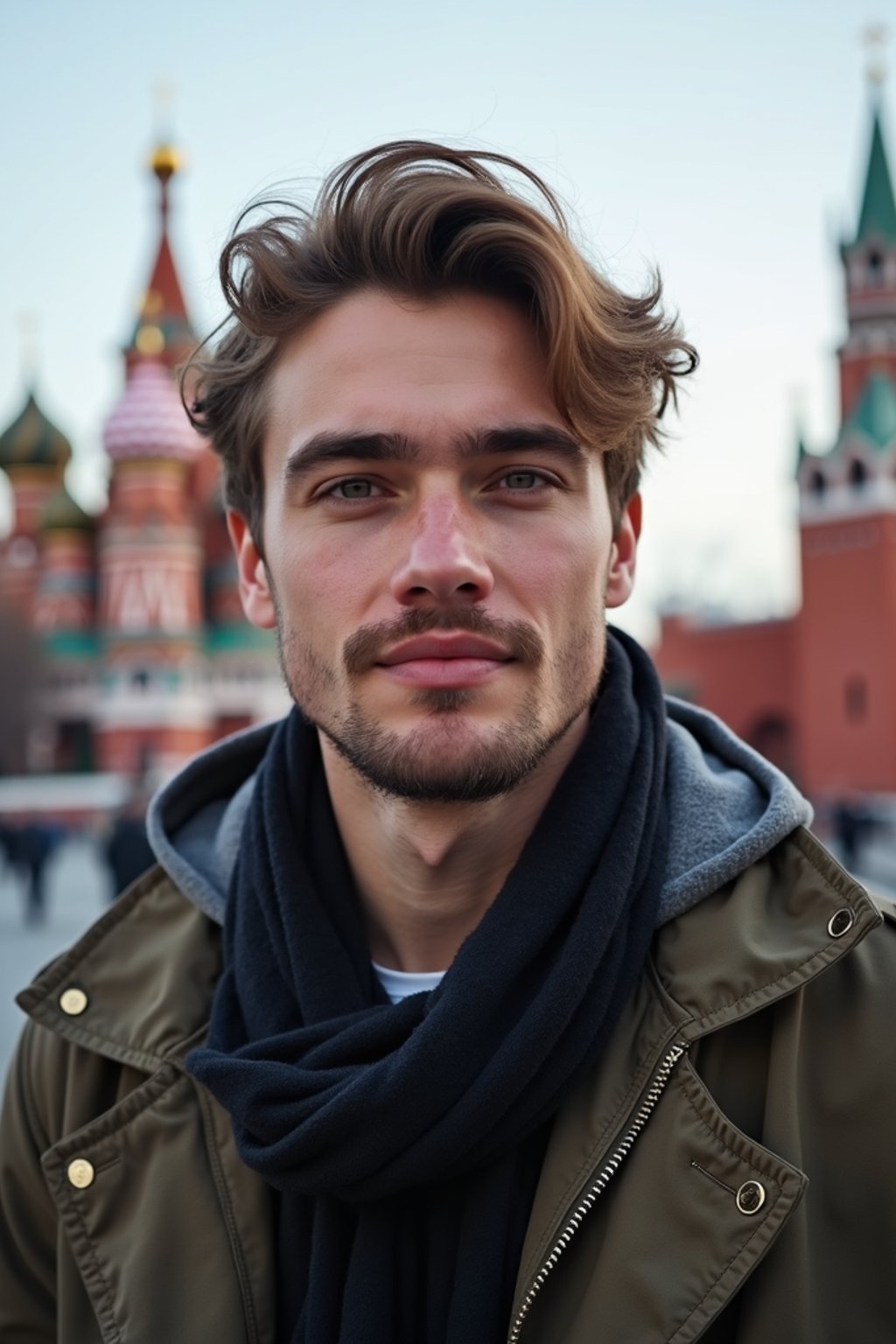 man as digital nomad in Moscow with the Kremlin in the background