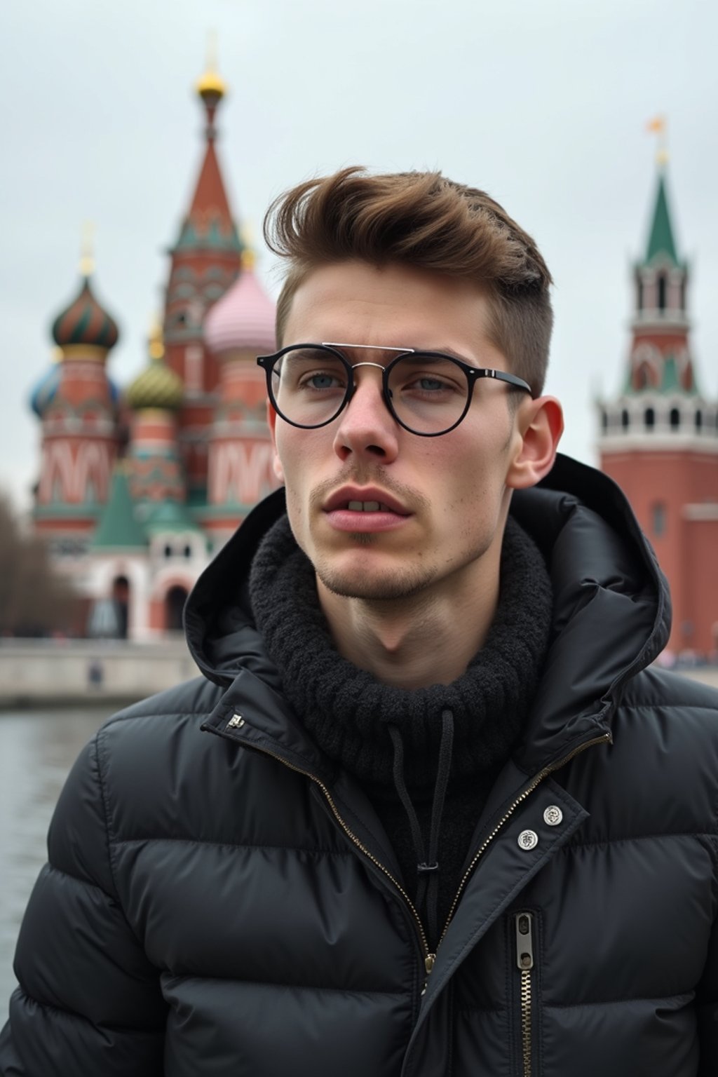 man as digital nomad in Moscow with the Kremlin in the background