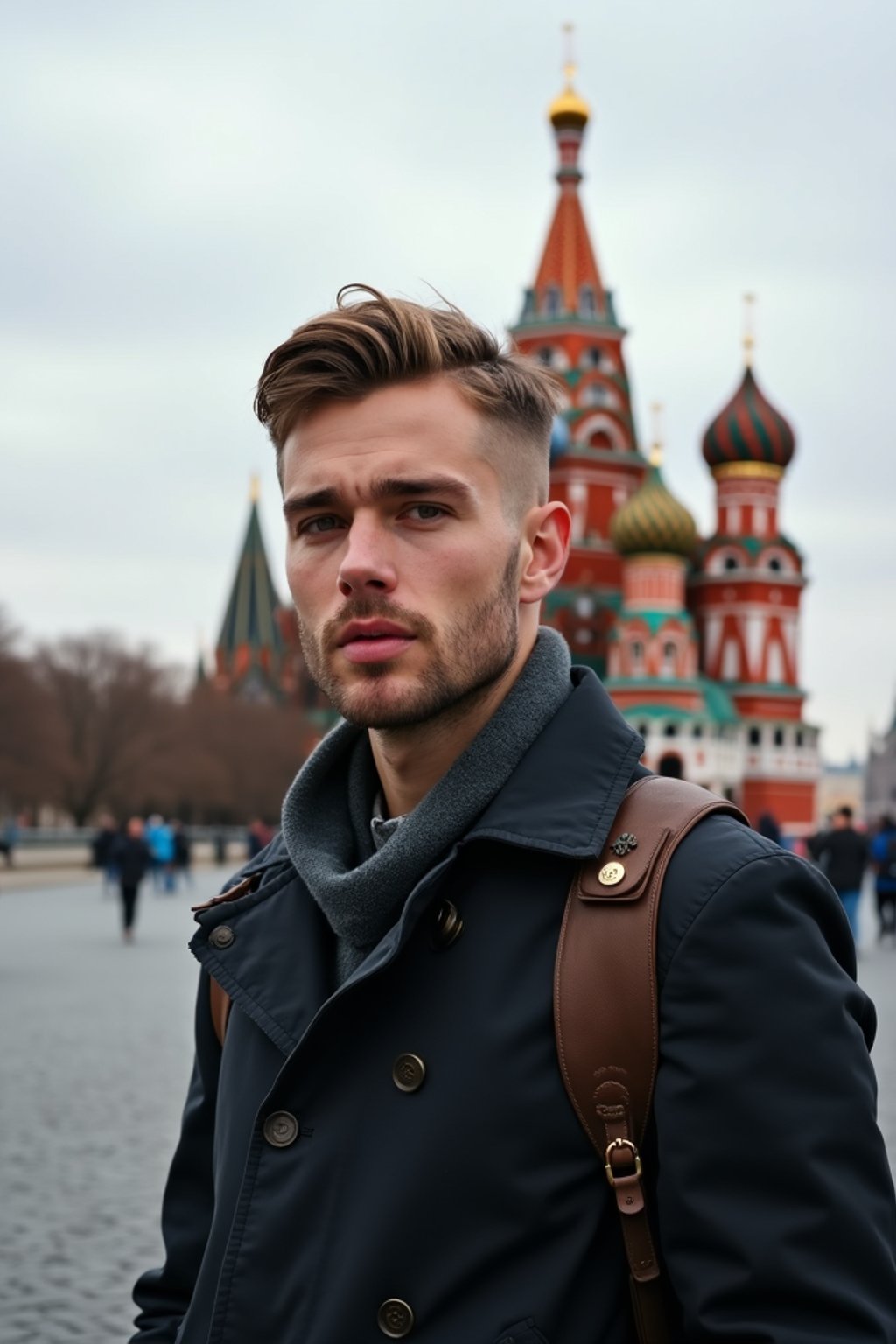 man as digital nomad in Moscow with the Kremlin in the background