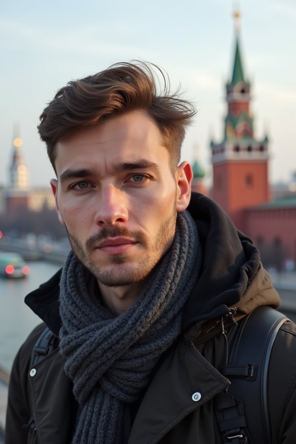 man as digital nomad in Moscow with the Kremlin in the background