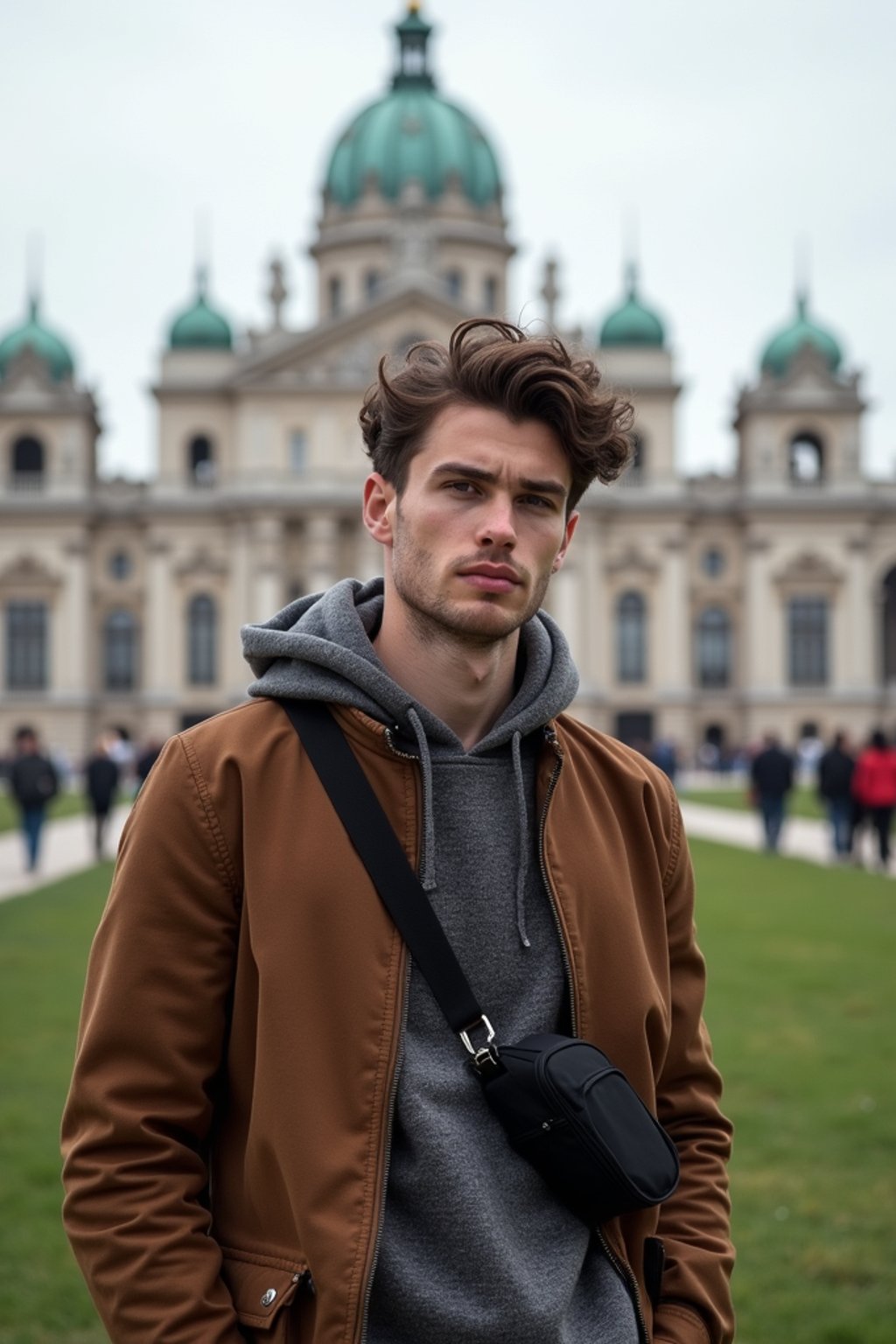 man as digital nomad in Vienna with the Schönbrunn Palace in the background