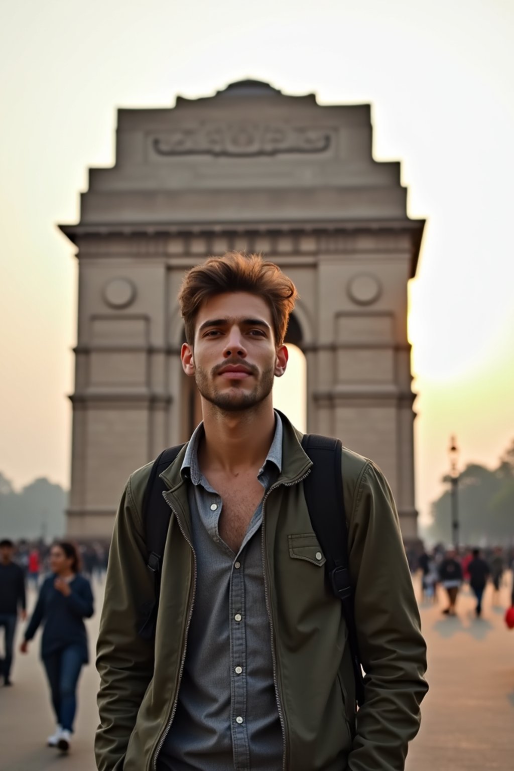 man as digital nomad in Delhi with the India Gate in the background