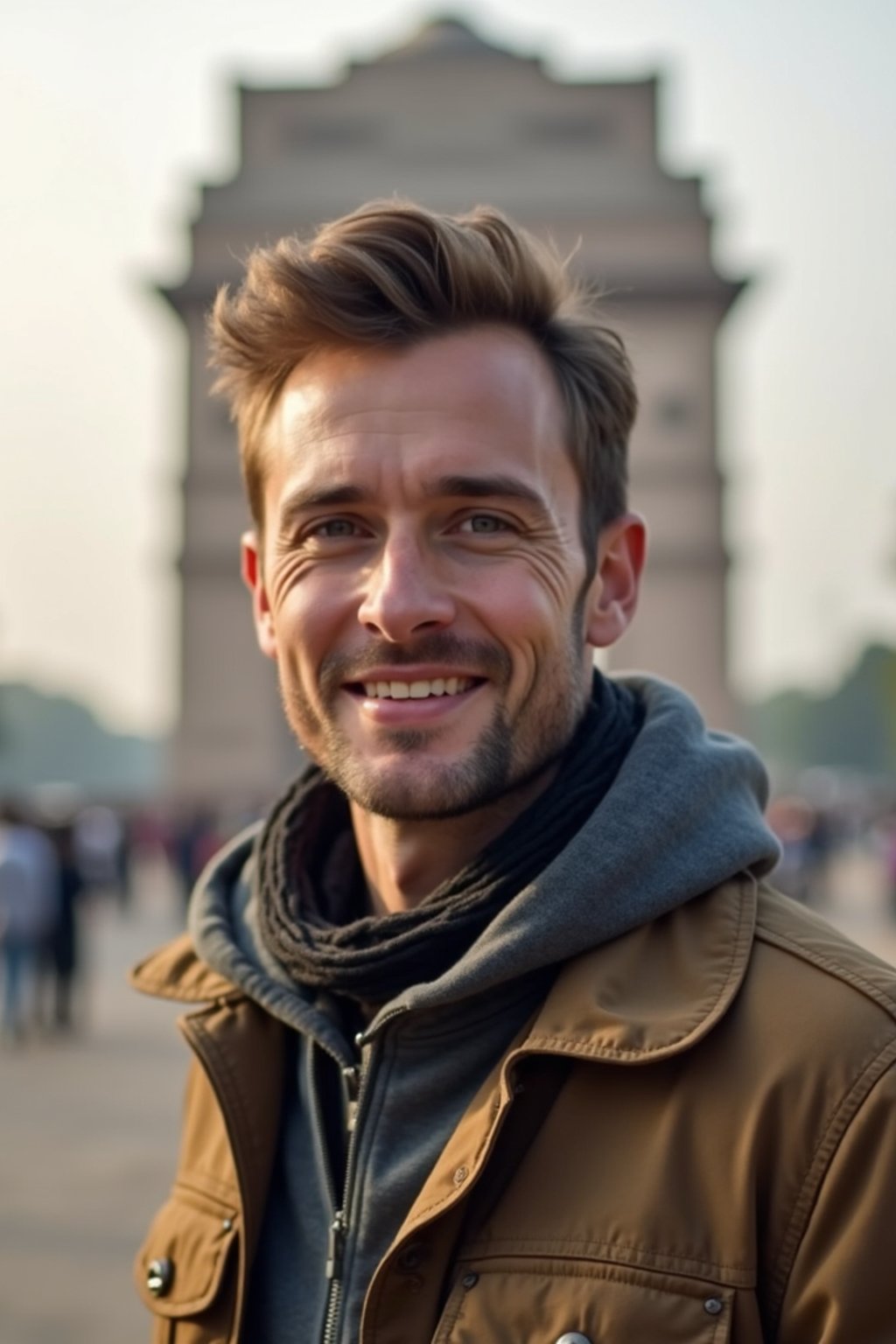 man as digital nomad in Delhi with the India Gate in the background