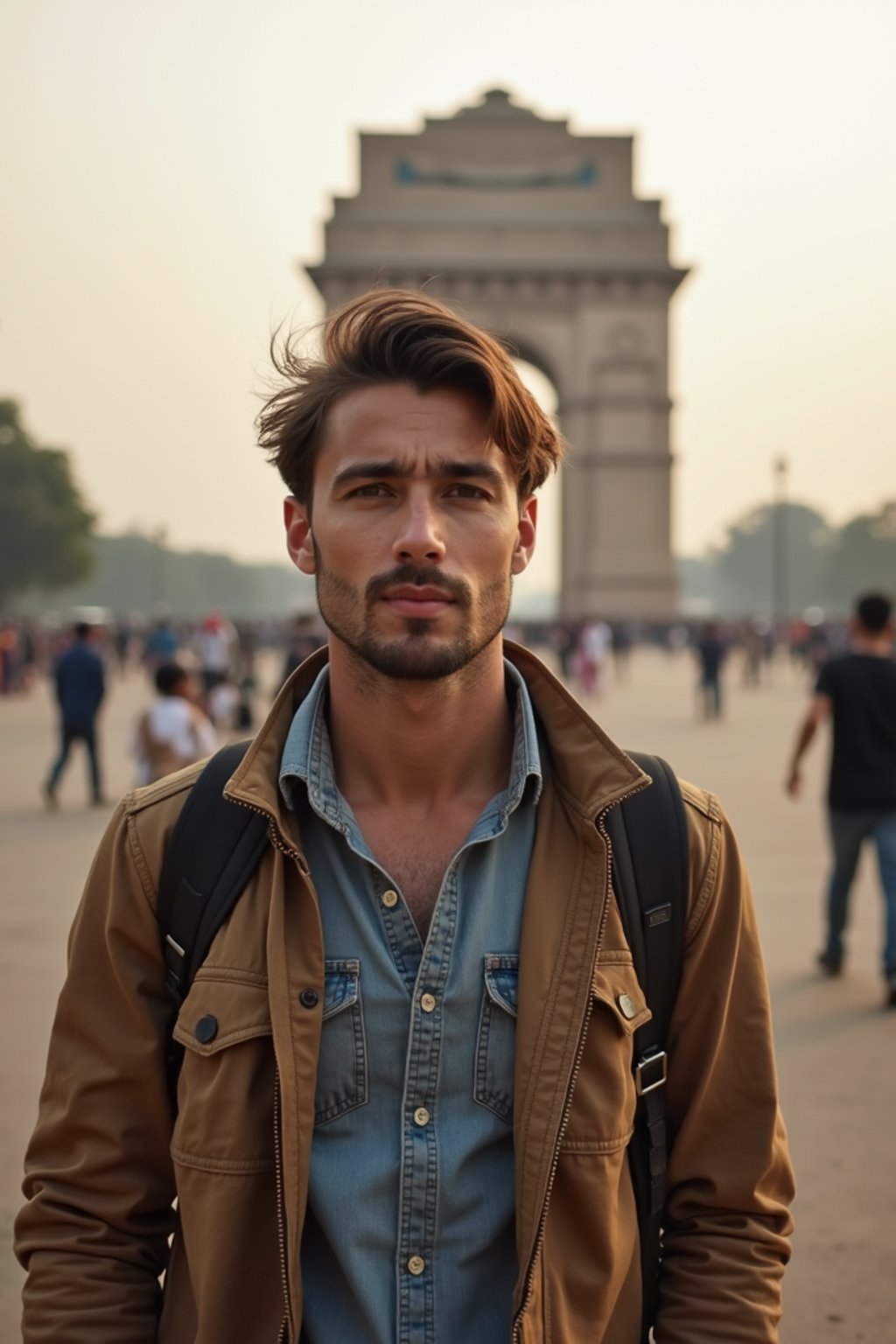 man as digital nomad in Delhi with the India Gate in the background