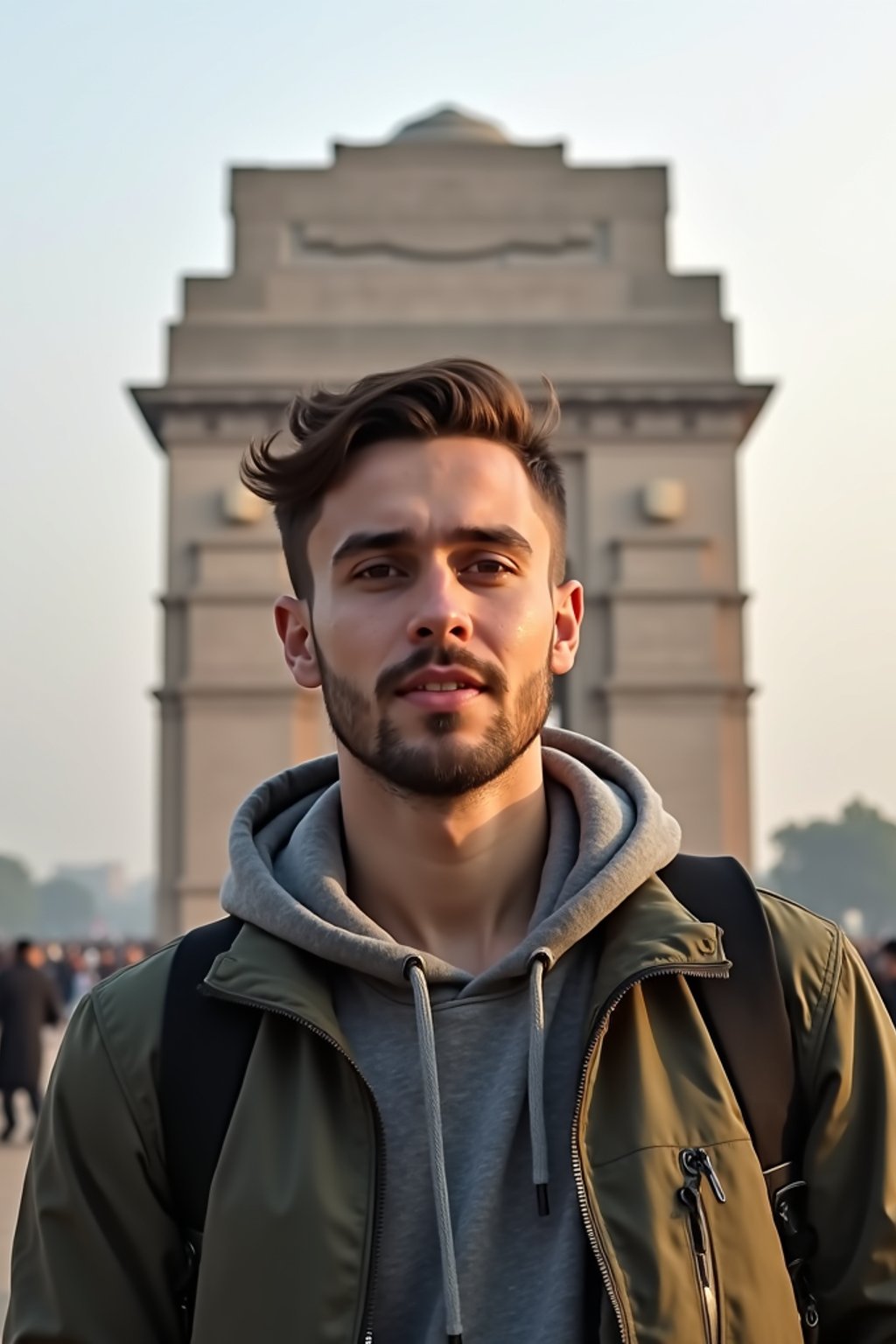 man as digital nomad in Delhi with the India Gate in the background