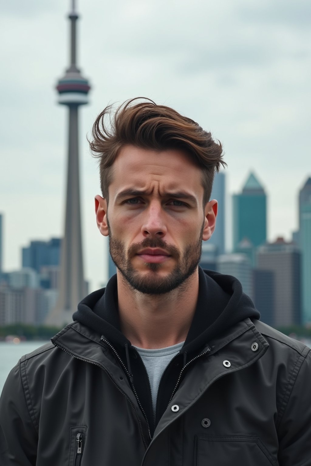 man as digital nomad in Toronto with the CN Tower in the background