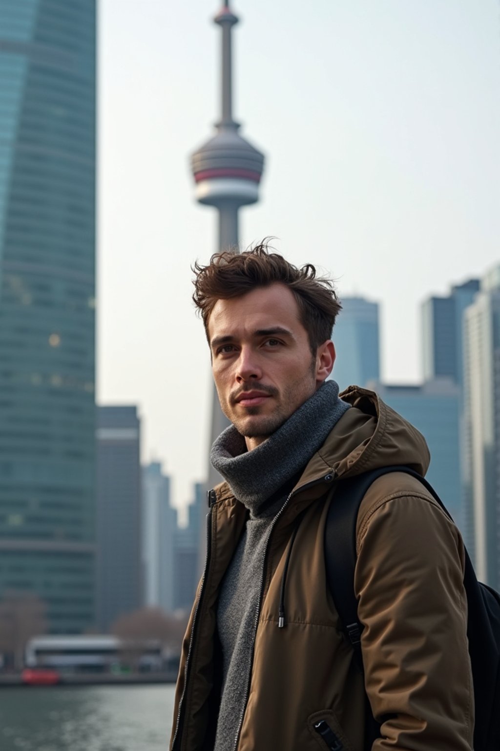 man as digital nomad in Toronto with the CN Tower in the background