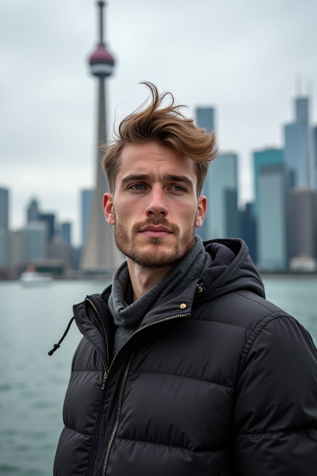 man as digital nomad in Toronto with the CN Tower in the background