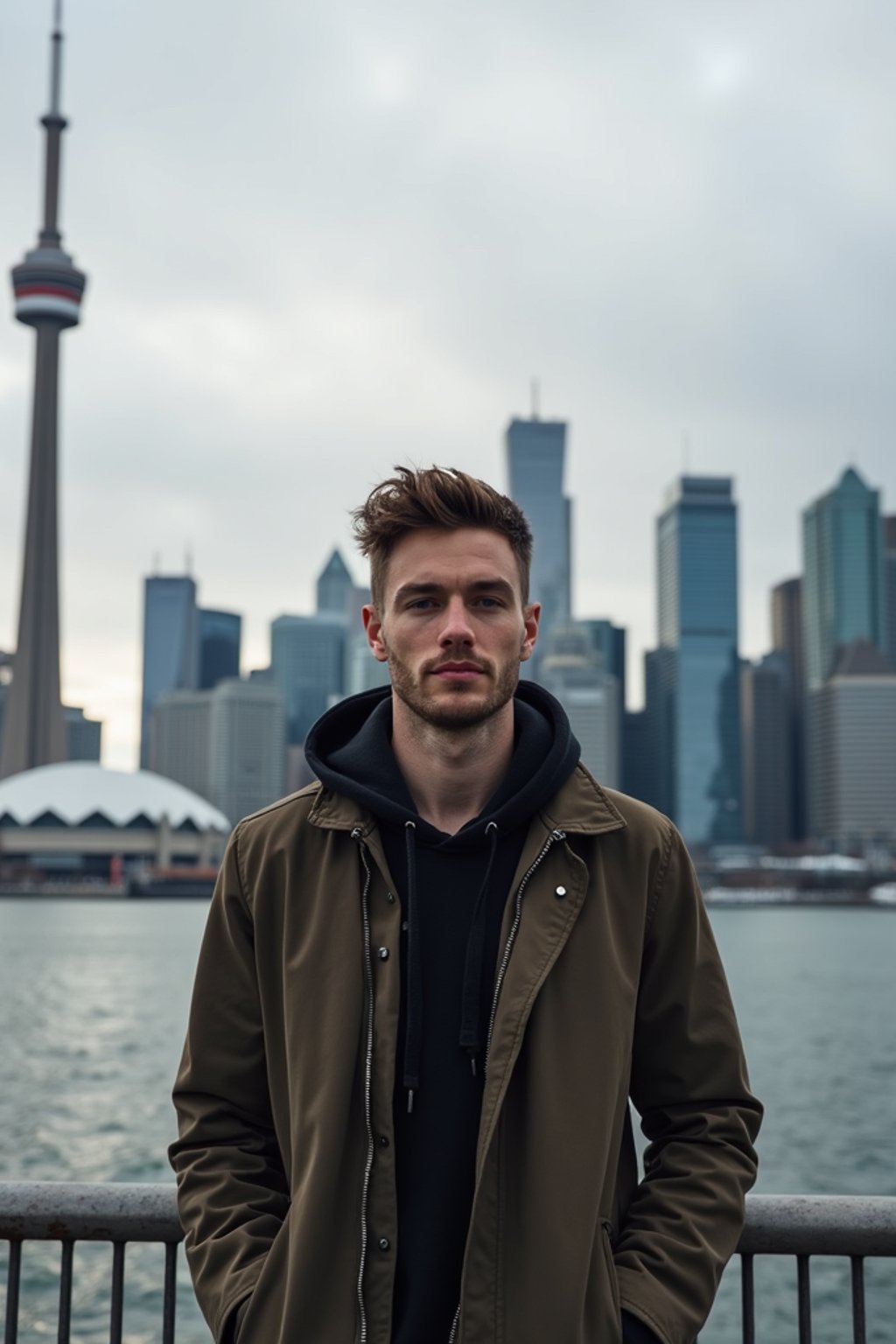 man as digital nomad in Toronto with the CN Tower in the background