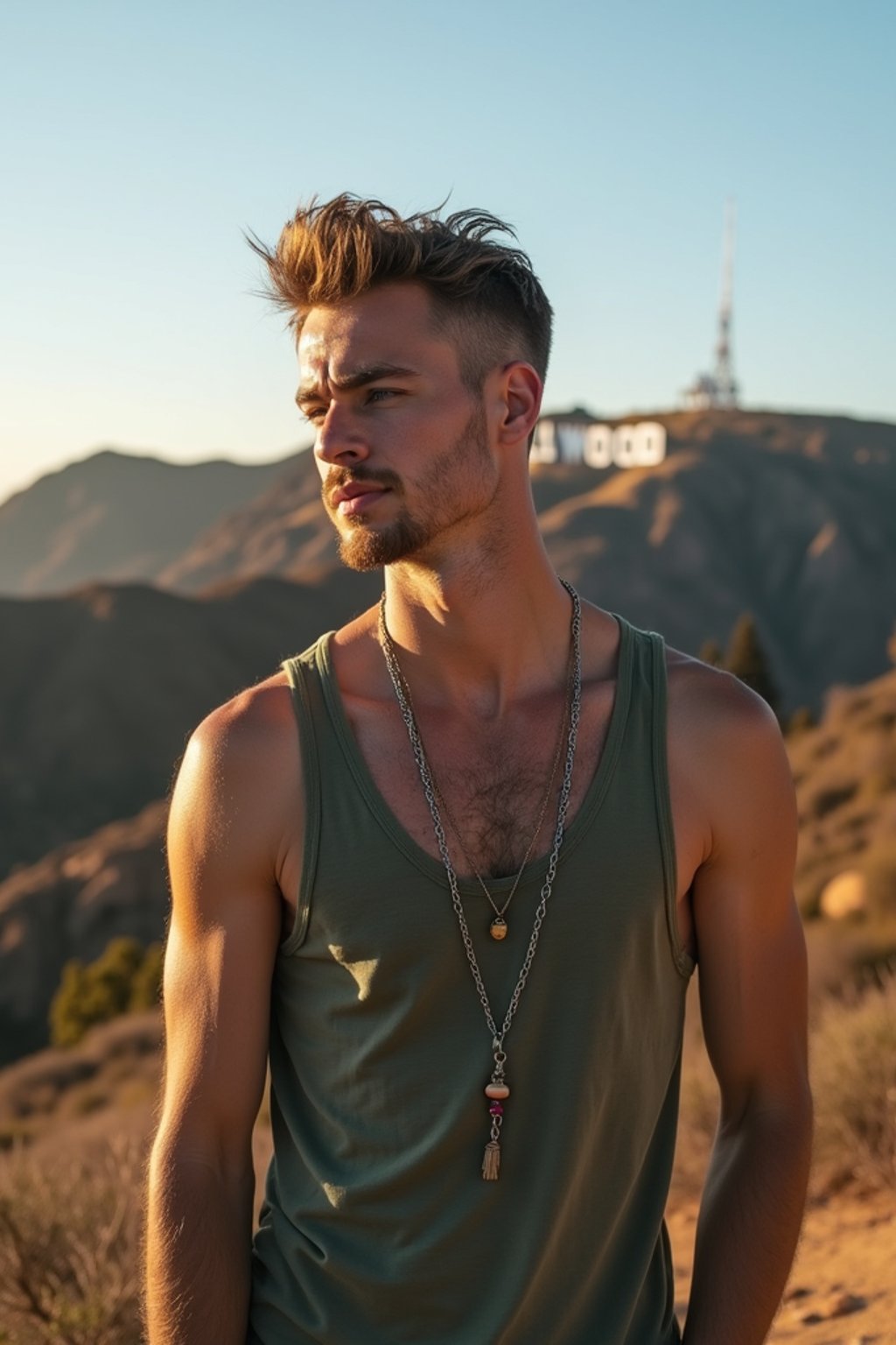 man as digital nomad in Los Angeles with the Hollywood sign in the background