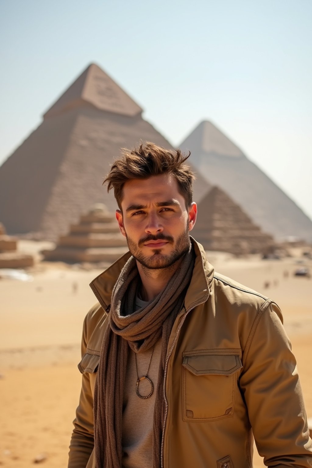 man as digital nomad in Cairo with the Pyramids of Giza in the background