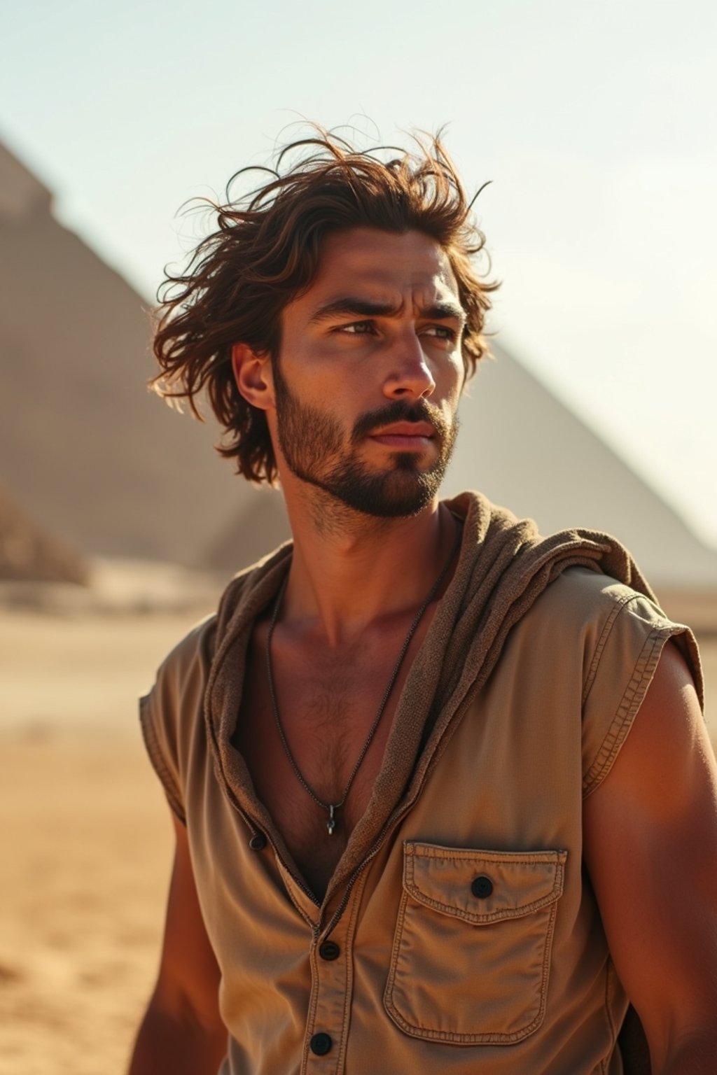 man as digital nomad in Cairo with the Pyramids of Giza in the background