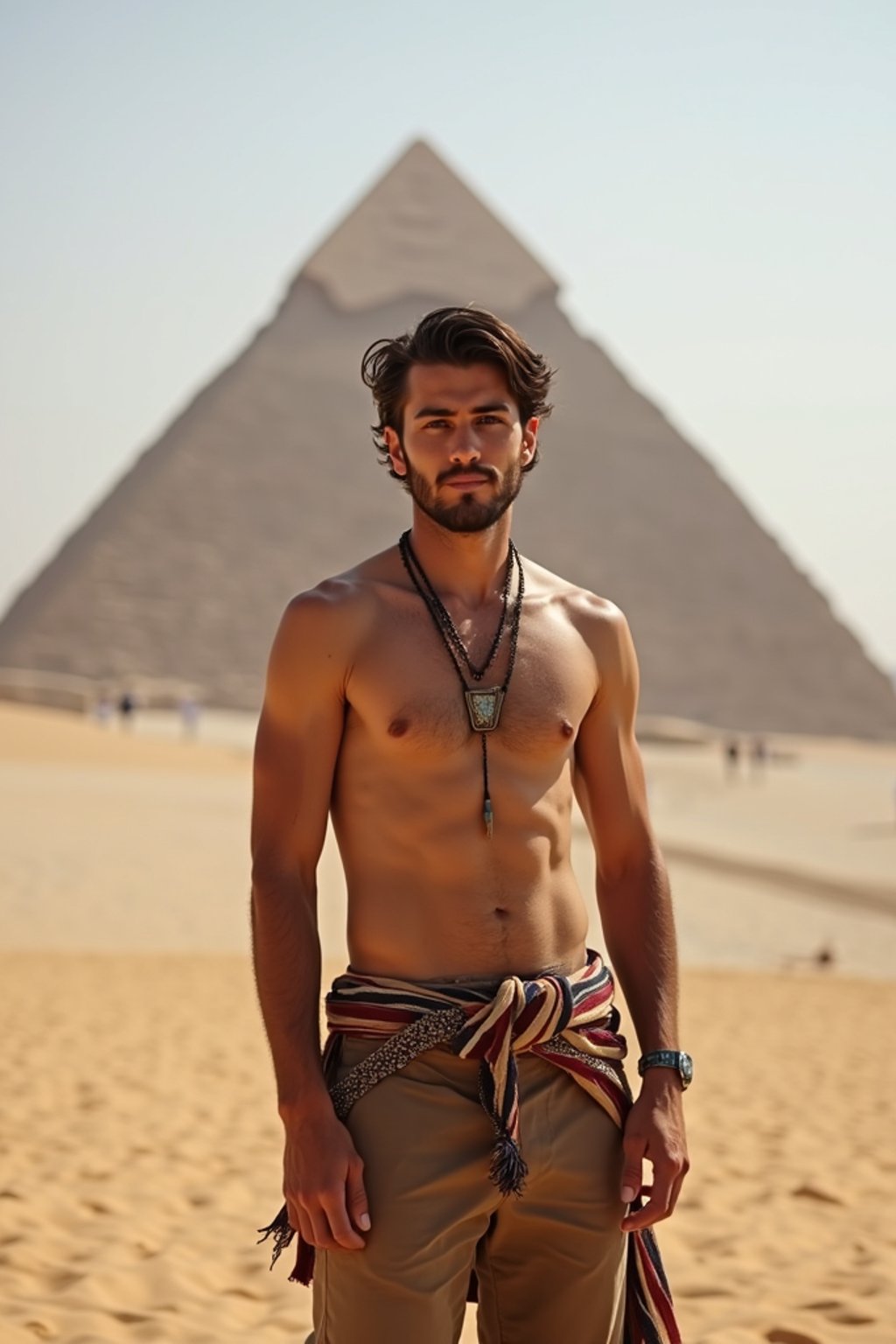 man as digital nomad in Cairo with the Pyramids of Giza in the background