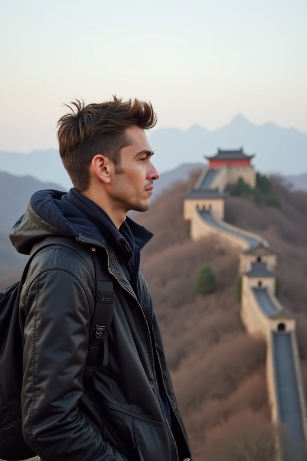 man as digital nomad in Beijing with the Great Wall in the background