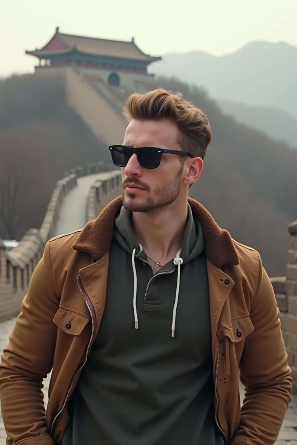 man as digital nomad in Beijing with the Great Wall in the background