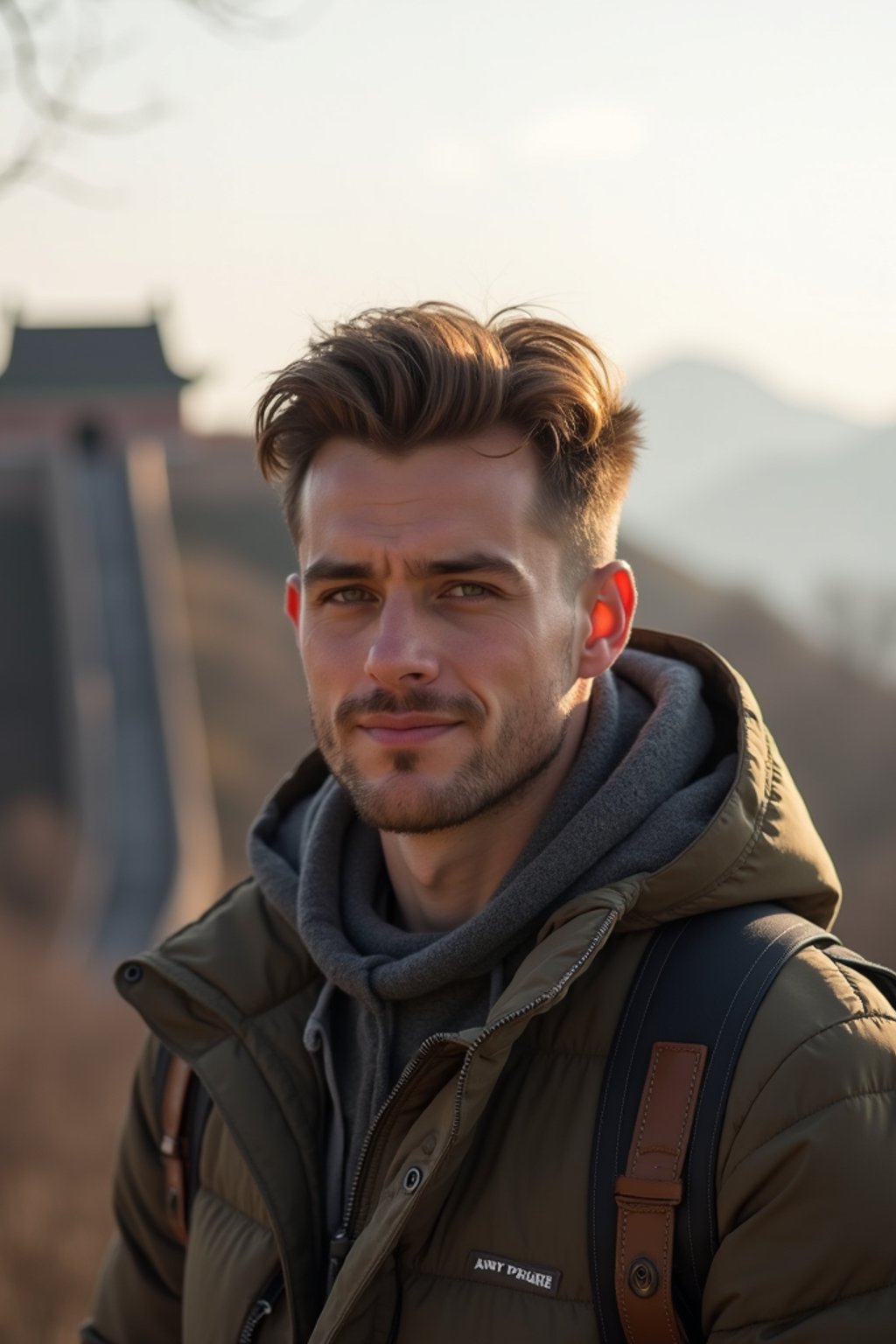 man as digital nomad in Beijing with the Great Wall in the background