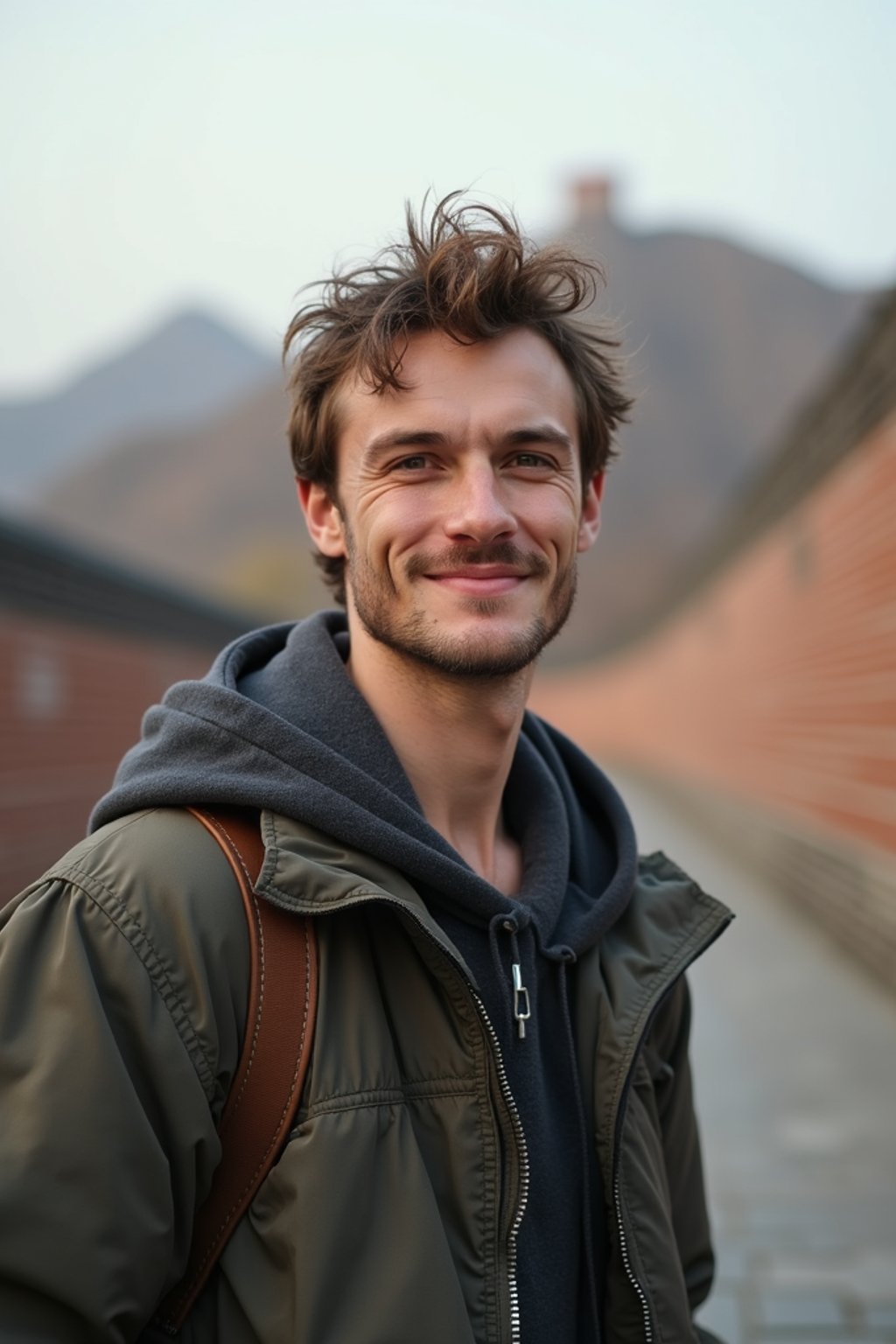 man as digital nomad in Beijing with the Great Wall in the background