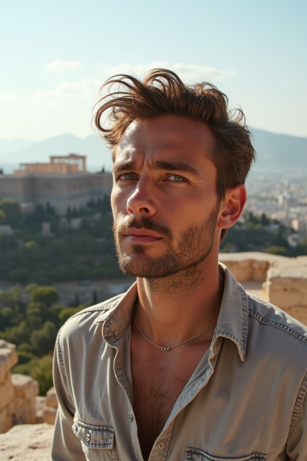 man as digital nomad in Athens with the Acropolis in the background