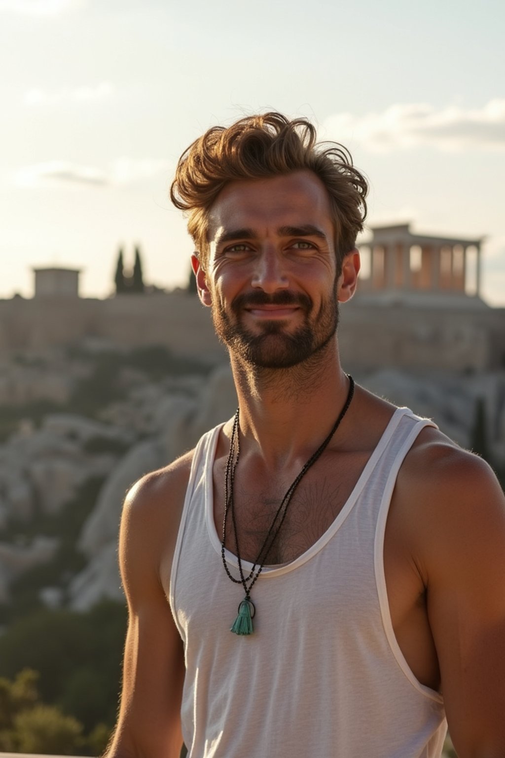 man as digital nomad in Athens with the Acropolis in the background