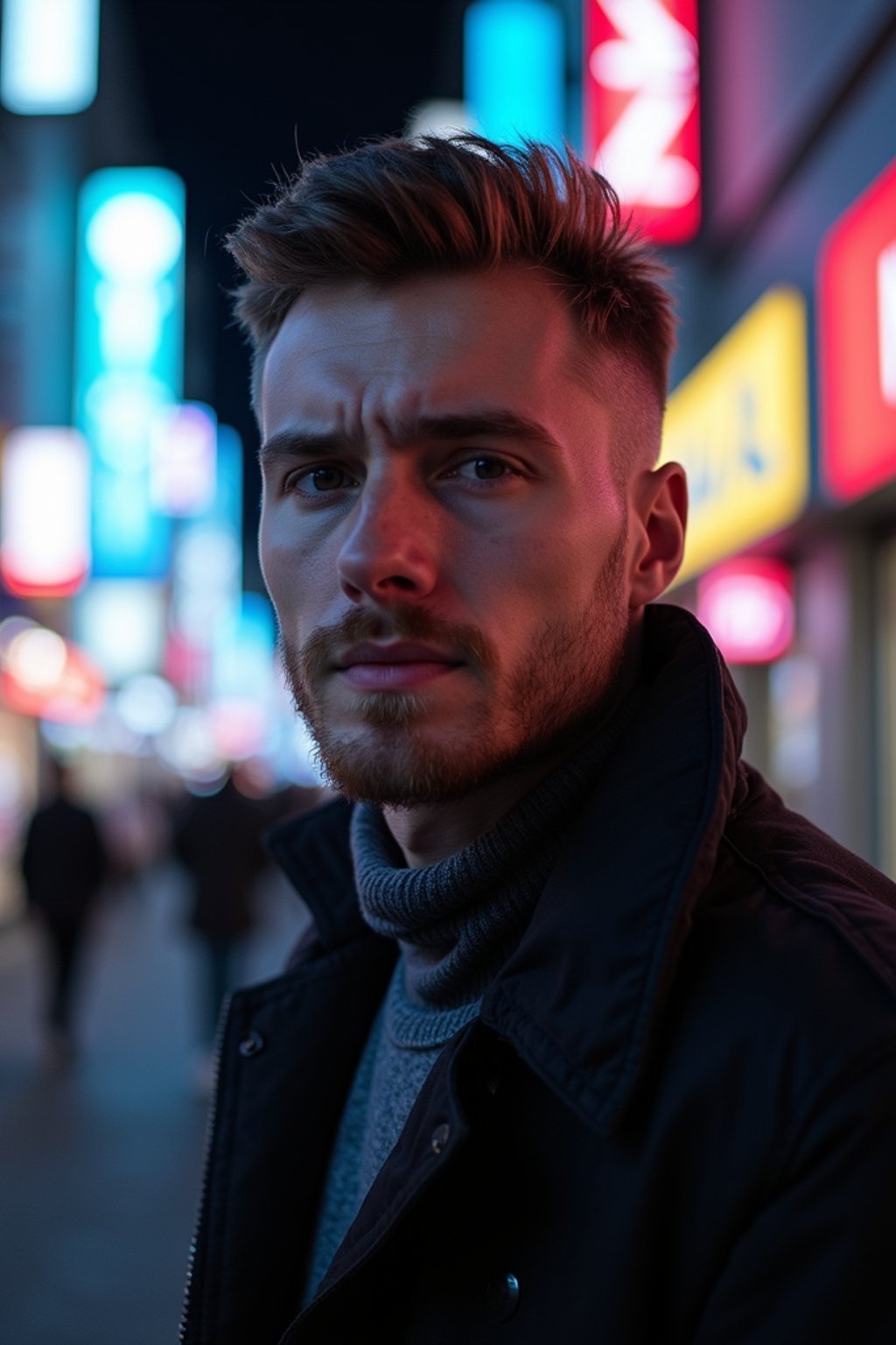 man as digital nomad in Tokyo at night with neon lights