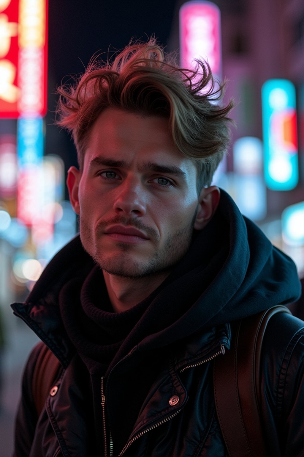 man as digital nomad in Tokyo at night with neon lights