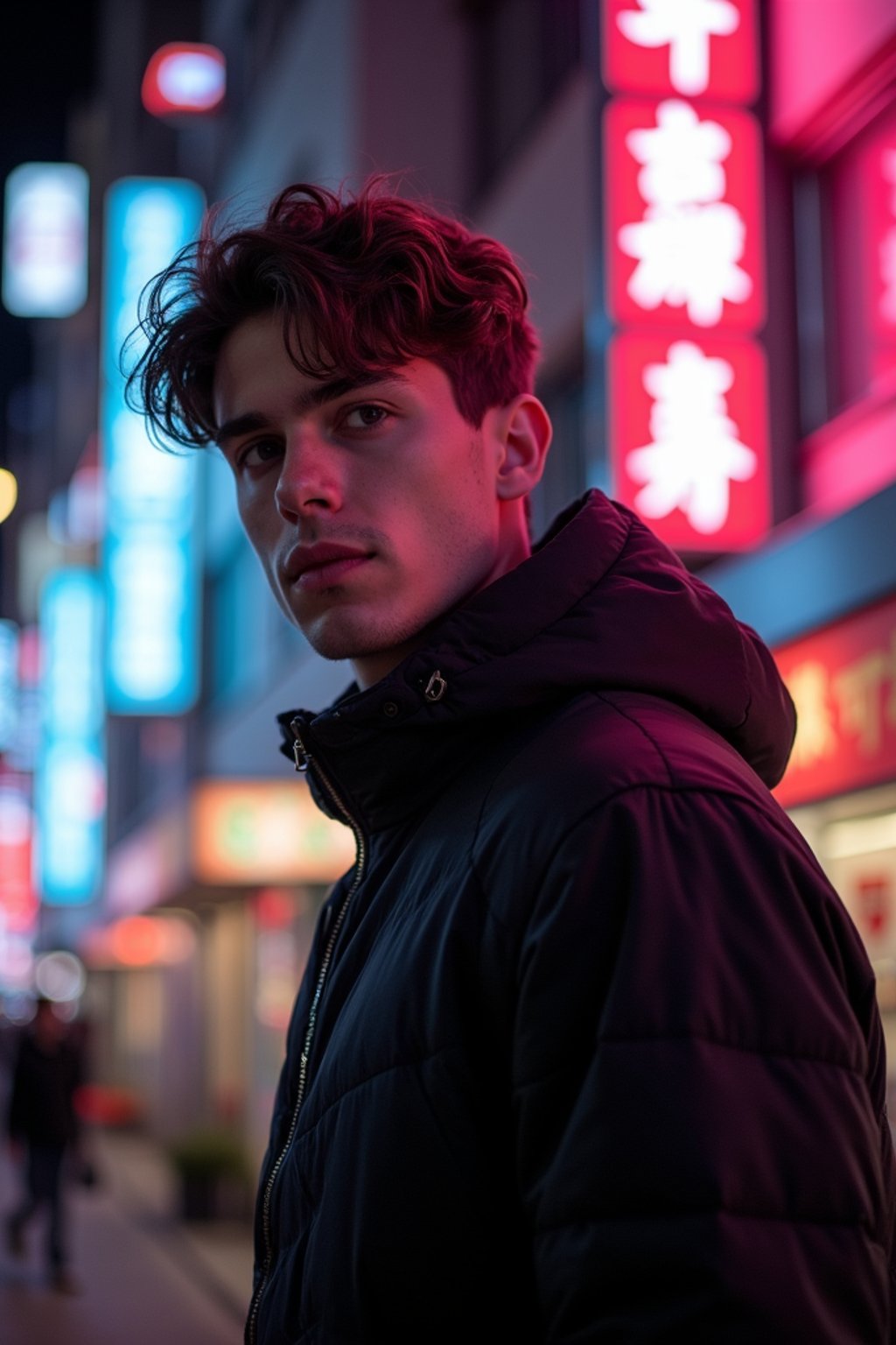 man as digital nomad in Tokyo at night with neon lights