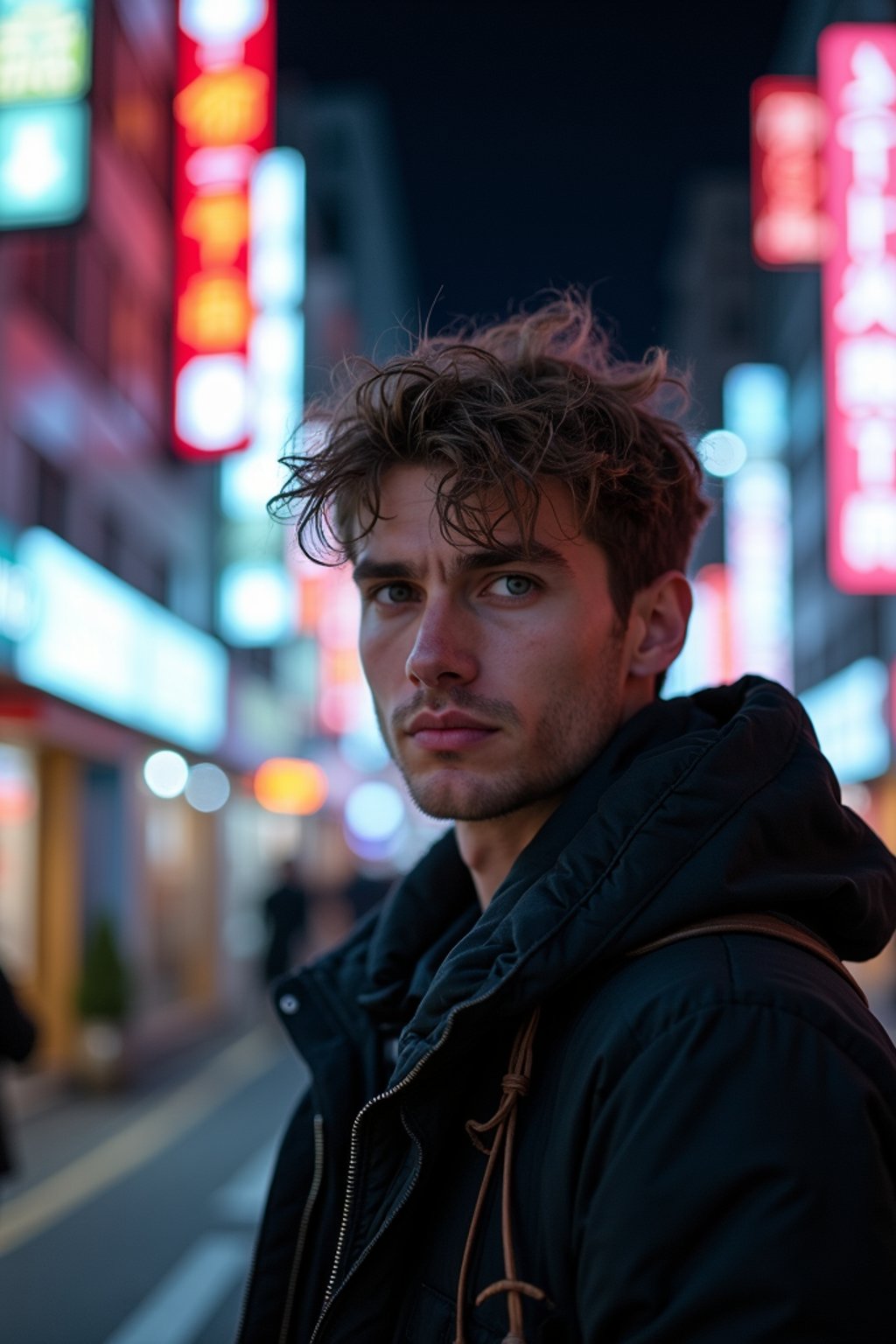 man as digital nomad in Tokyo at night with neon lights