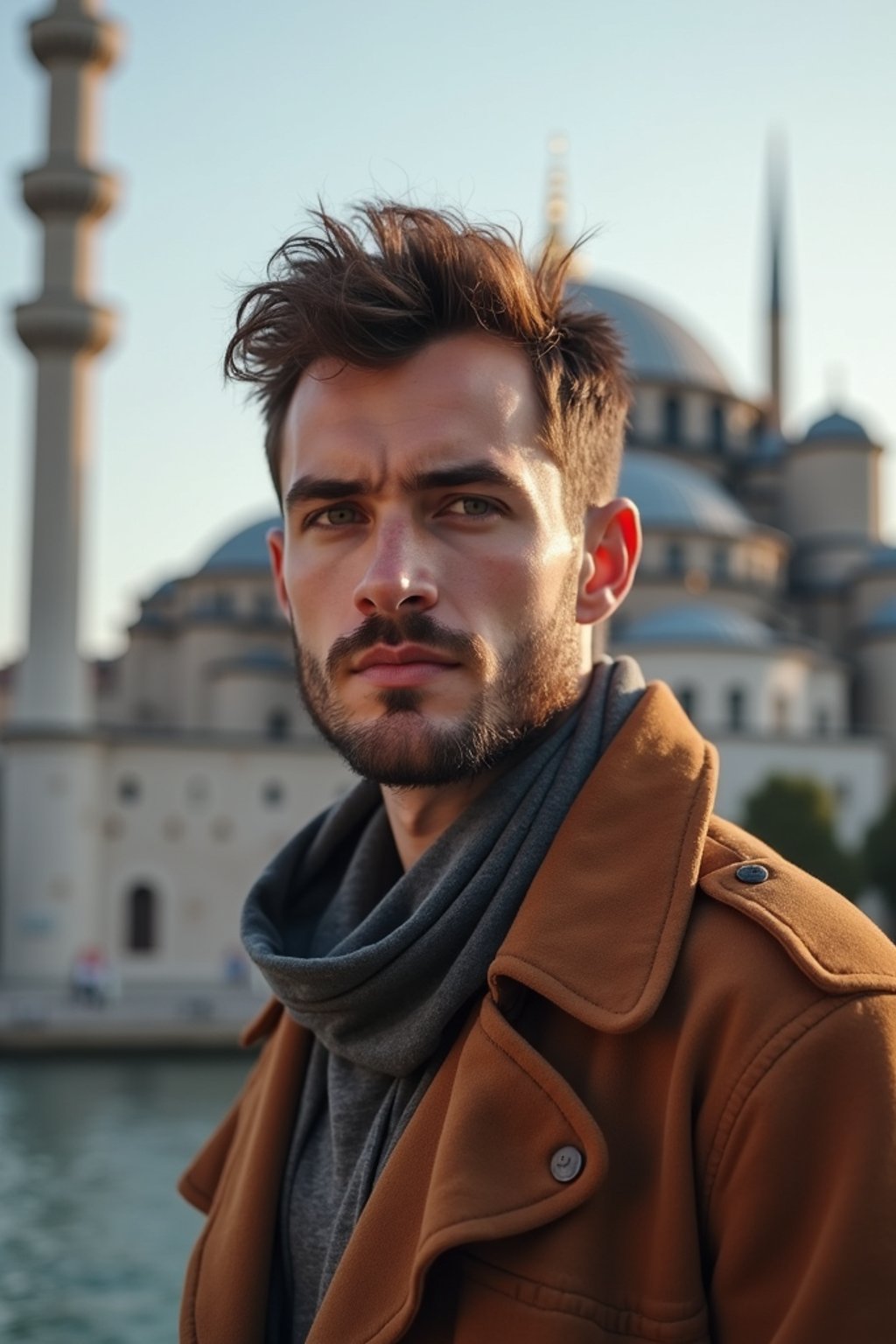 man as digital nomad in Istanbul with The Mosque in background