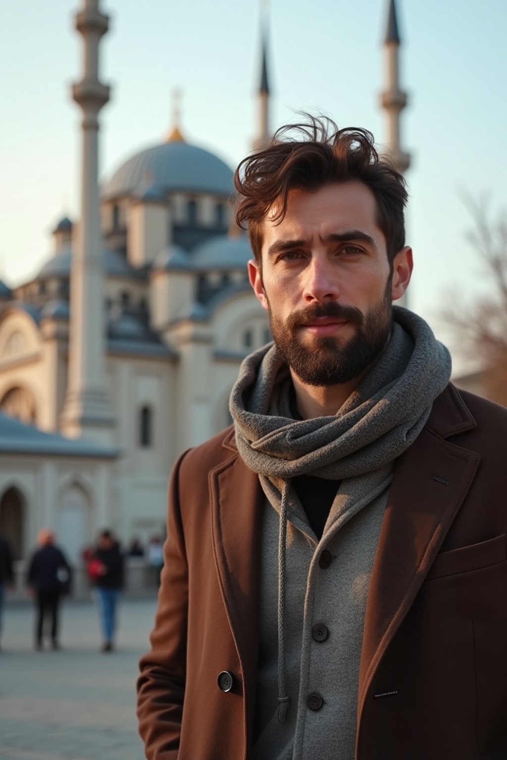 man as digital nomad in Istanbul with The Mosque in background