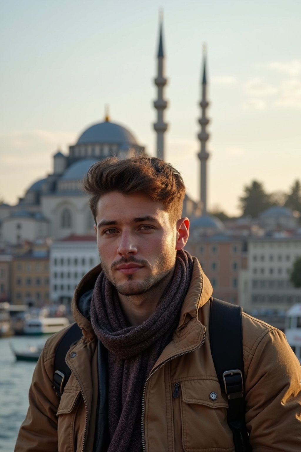 man as digital nomad in Istanbul with The Mosque in background