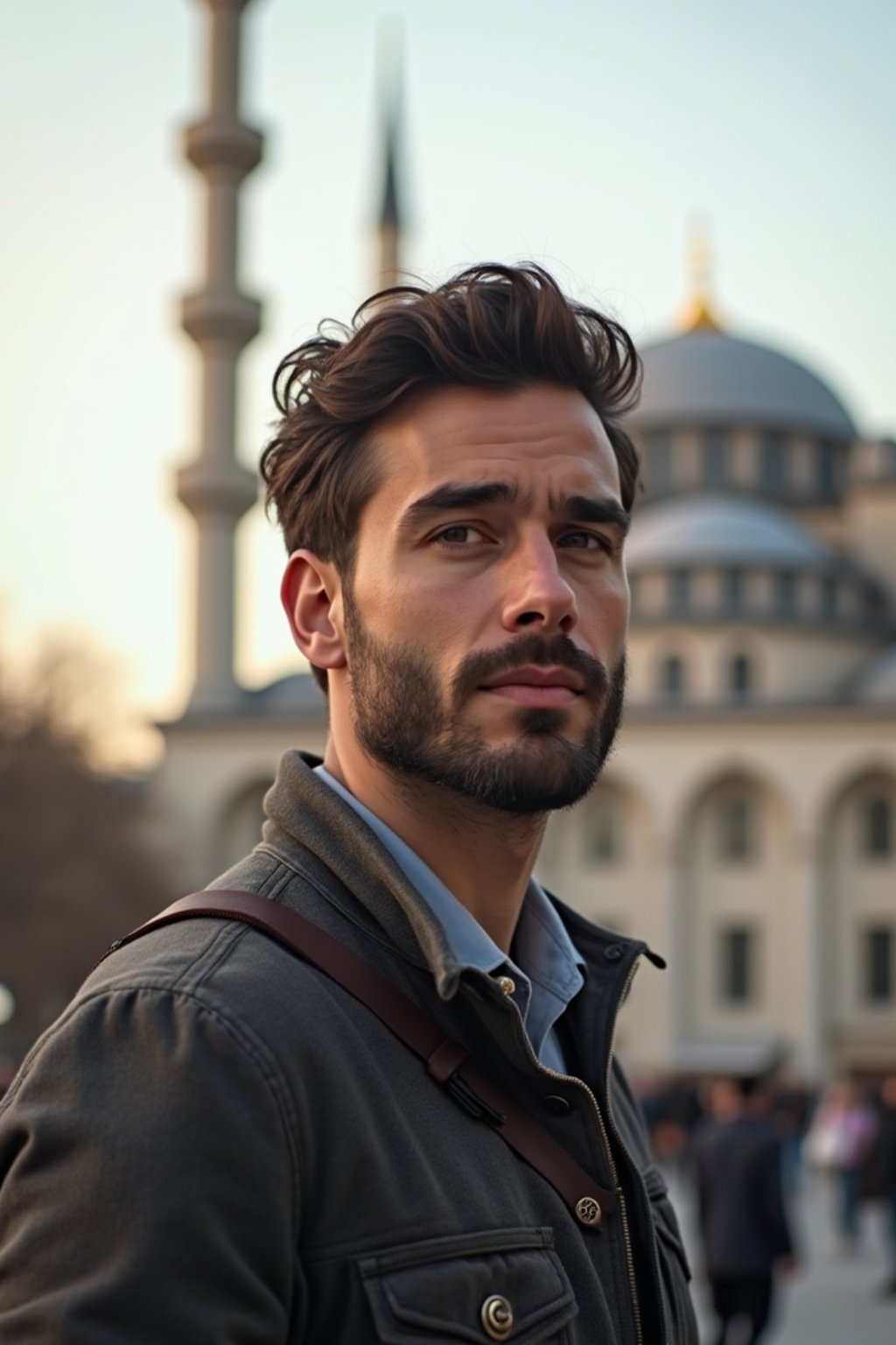 man as digital nomad in Istanbul with The Mosque in background