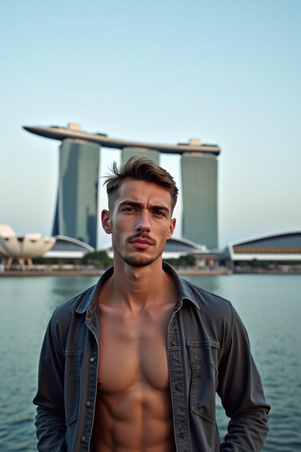 man as digital nomad in Singapore with Marina Bay Sands in background