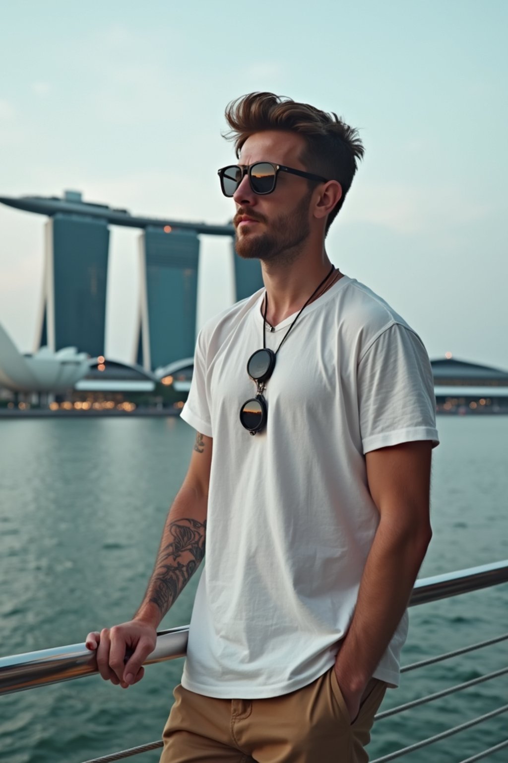 man as digital nomad in Singapore with Marina Bay Sands in background