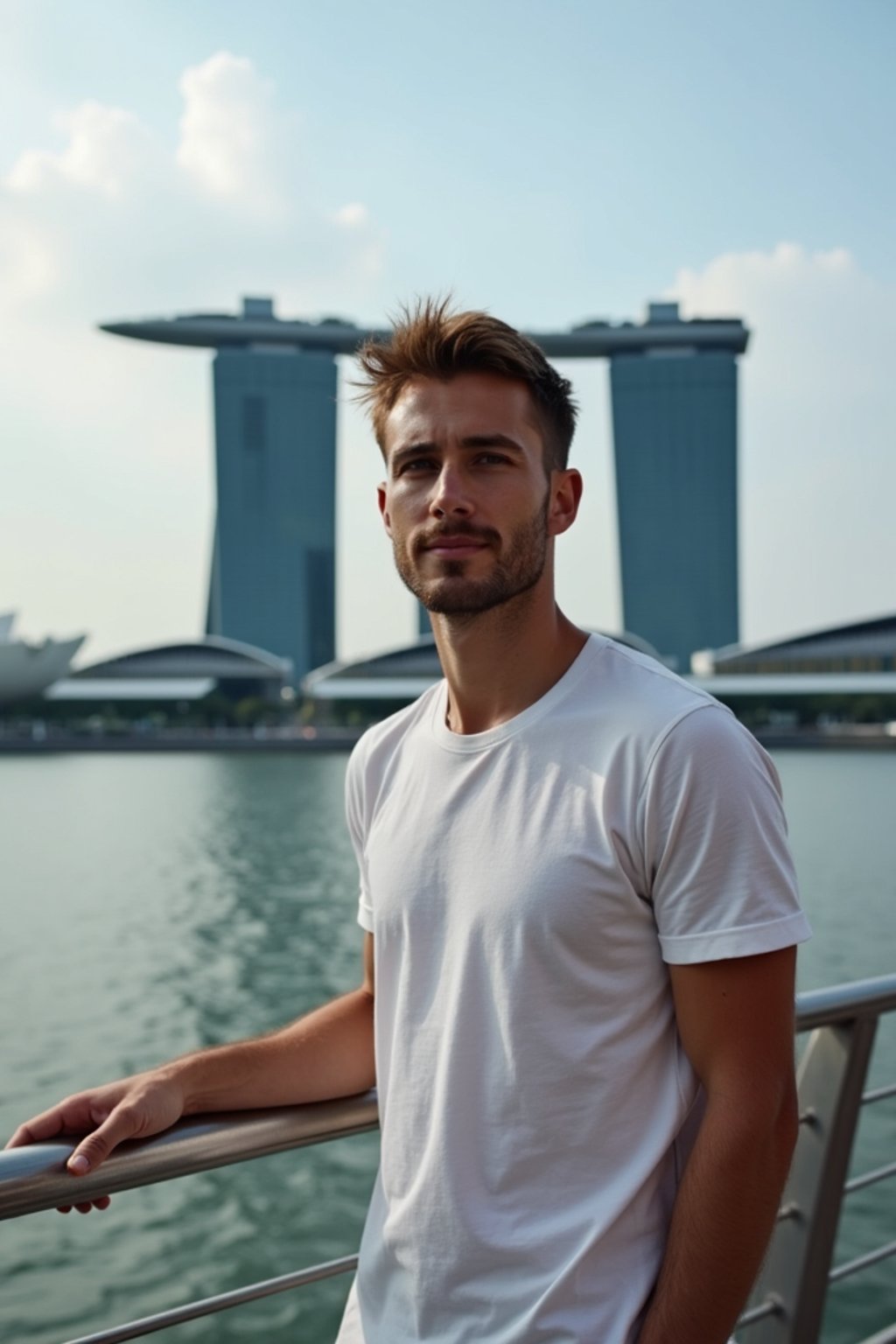 man as digital nomad in Singapore with Marina Bay Sands in background