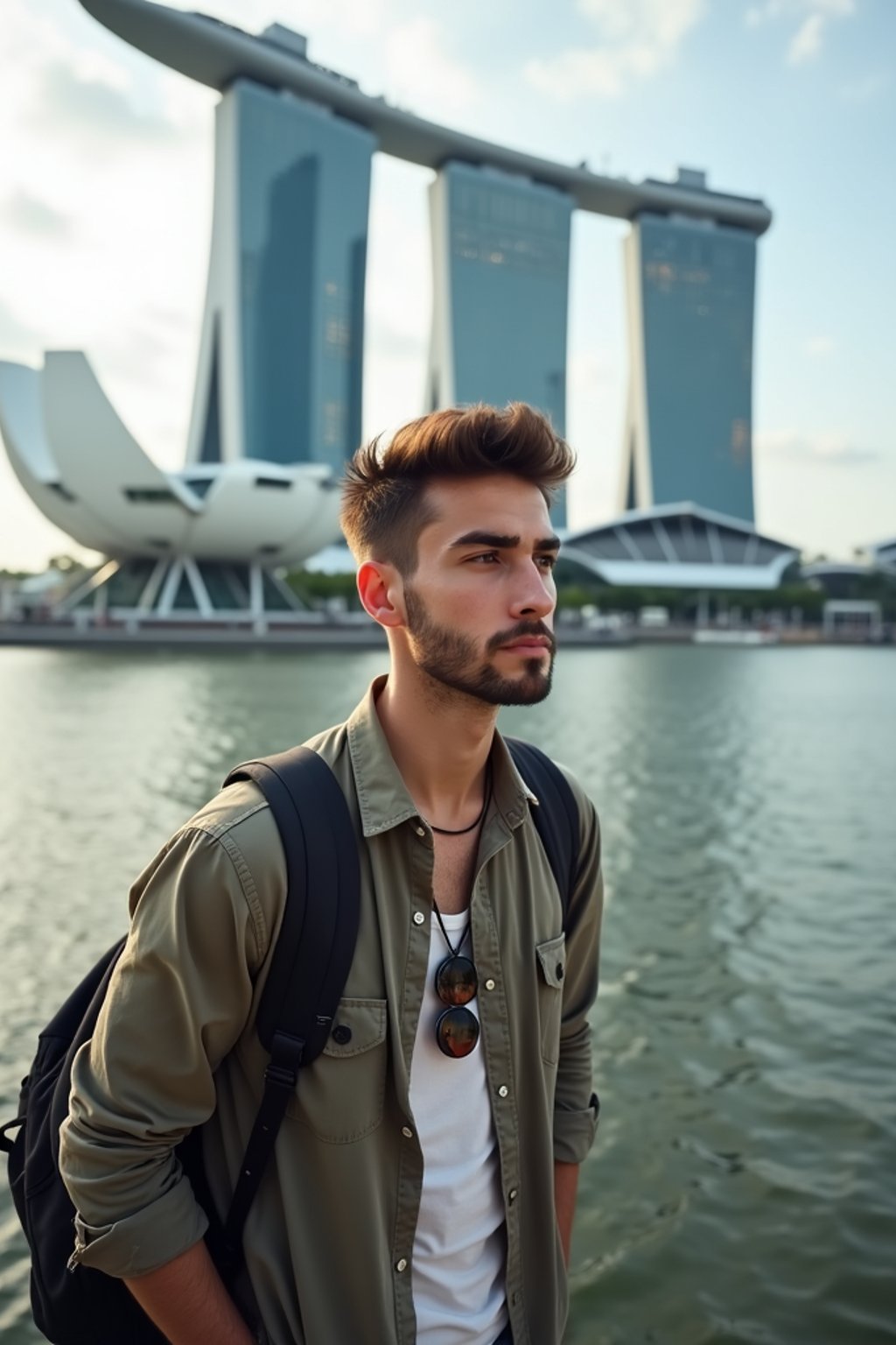 man as digital nomad in Singapore with Marina Bay Sands in background