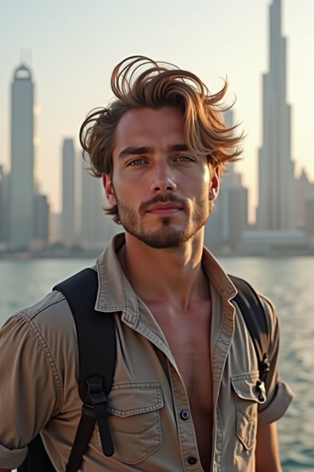 man as digital nomad in Dubai with skyline in background