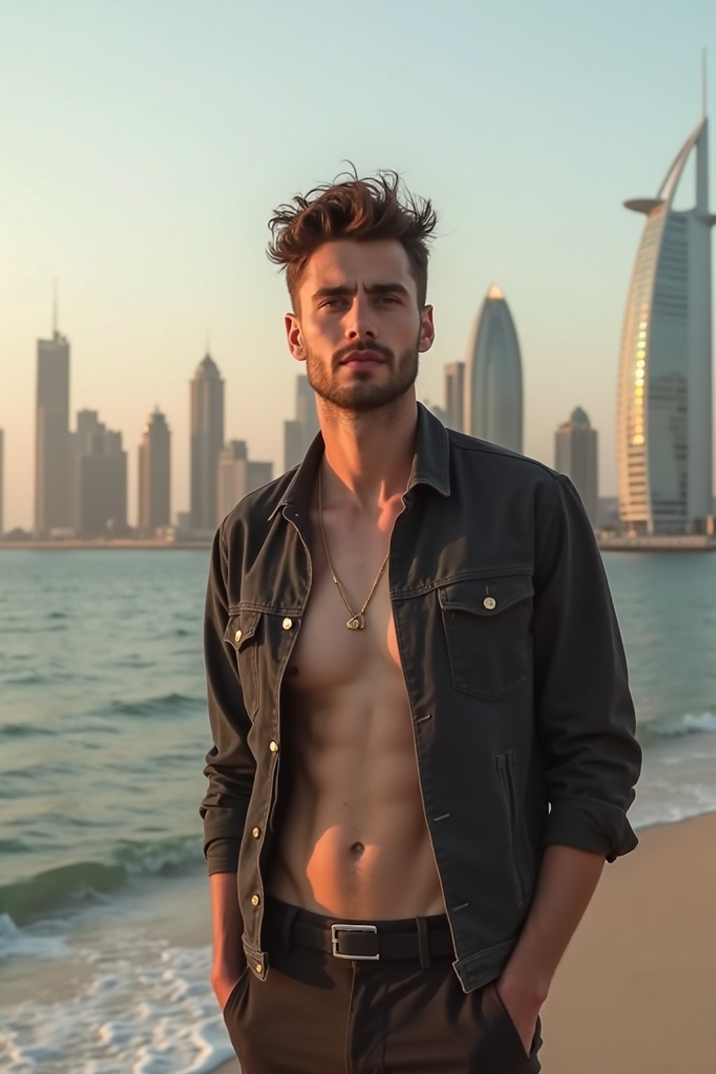 man as digital nomad in Dubai with skyline in background