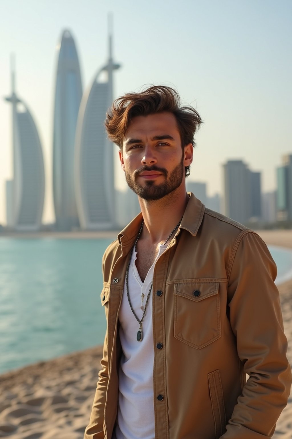 man as digital nomad in Dubai with skyline in background