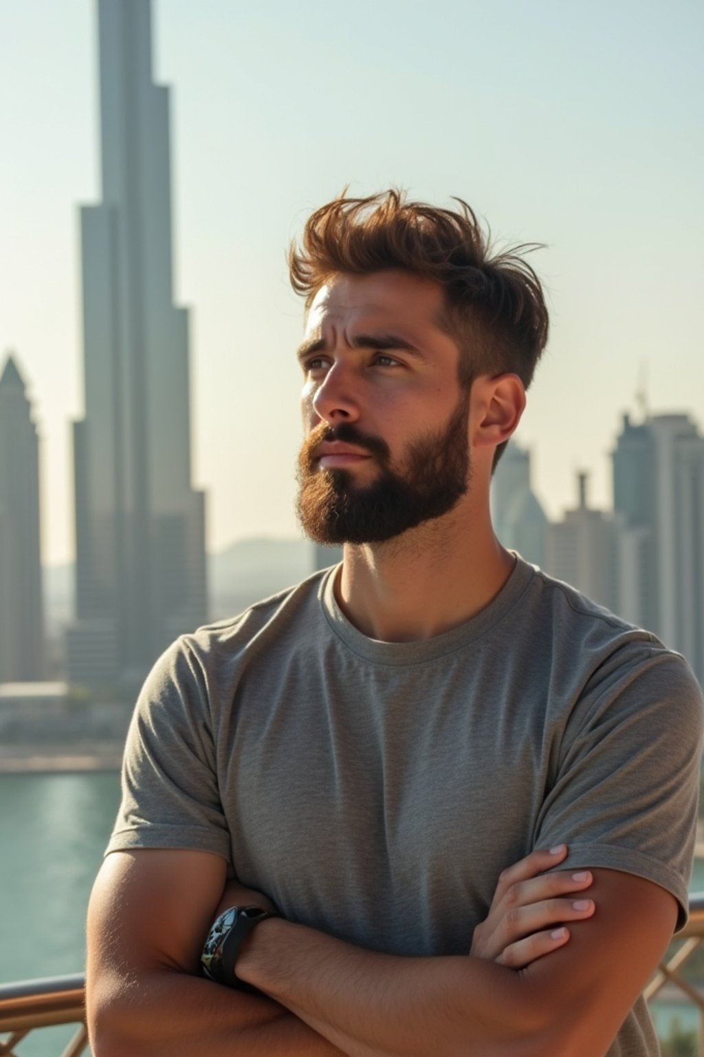 man as digital nomad in Dubai with skyline in background