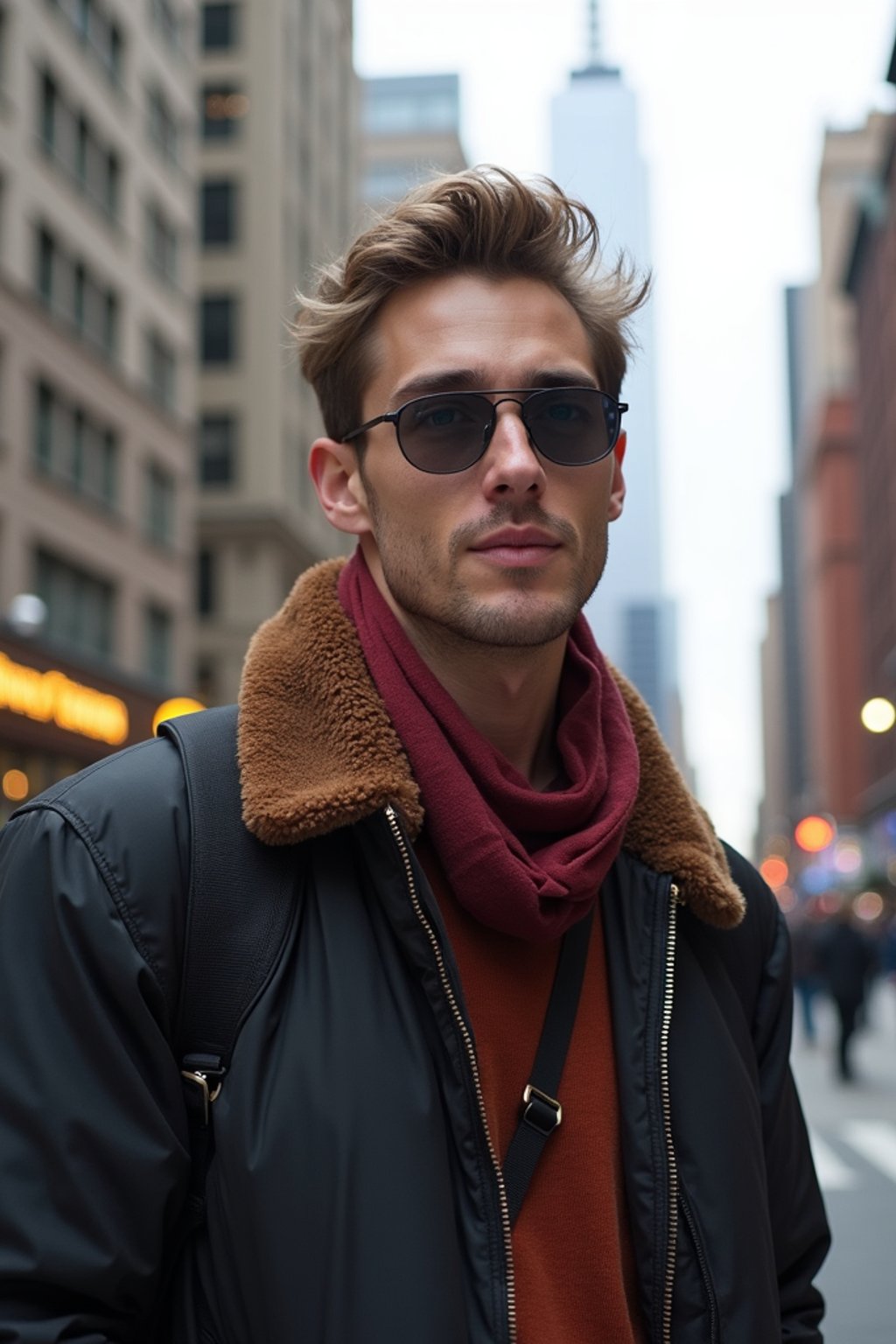 man as digital nomad in New York City with Manhattan in background