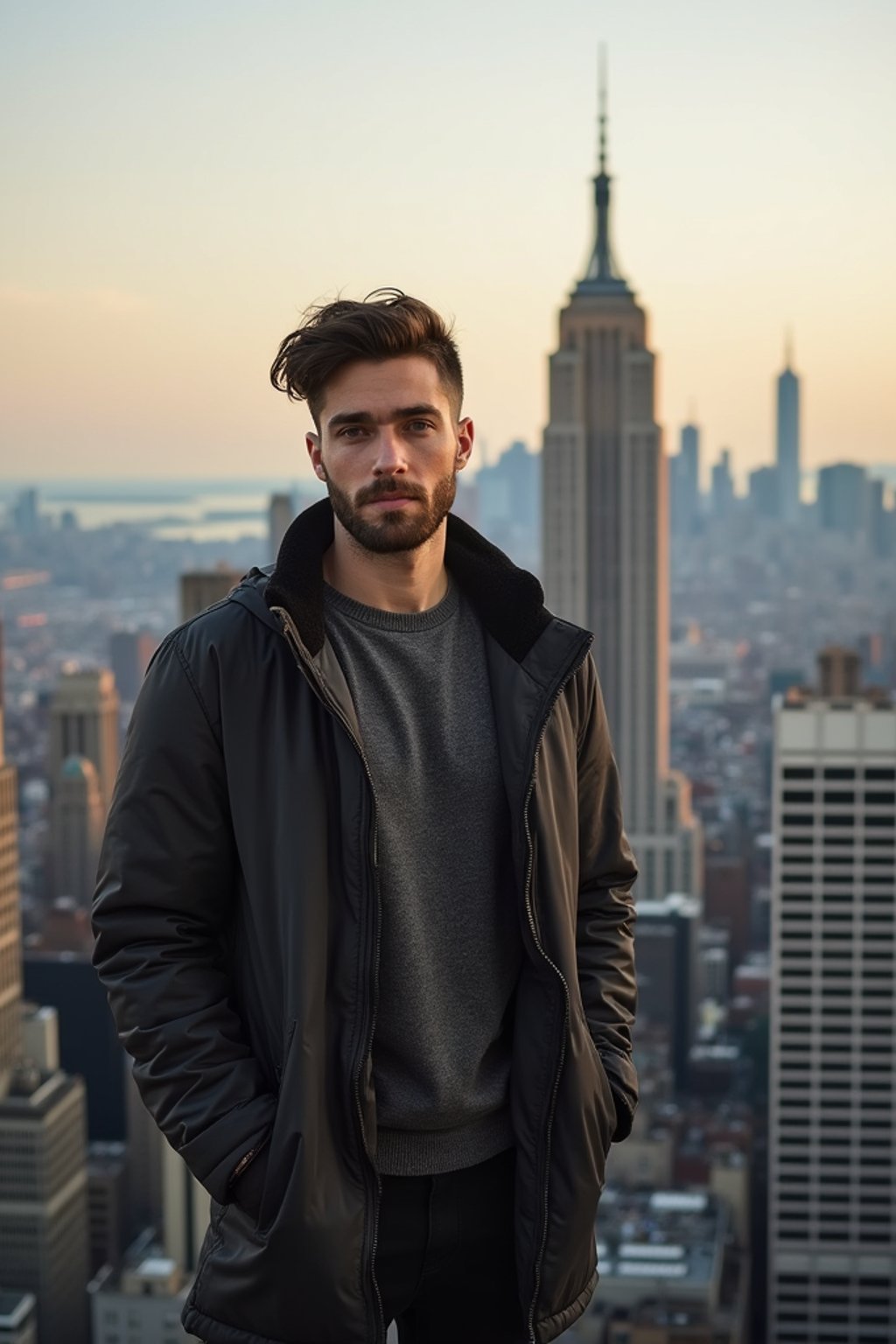 man as digital nomad in New York City with Manhattan in background