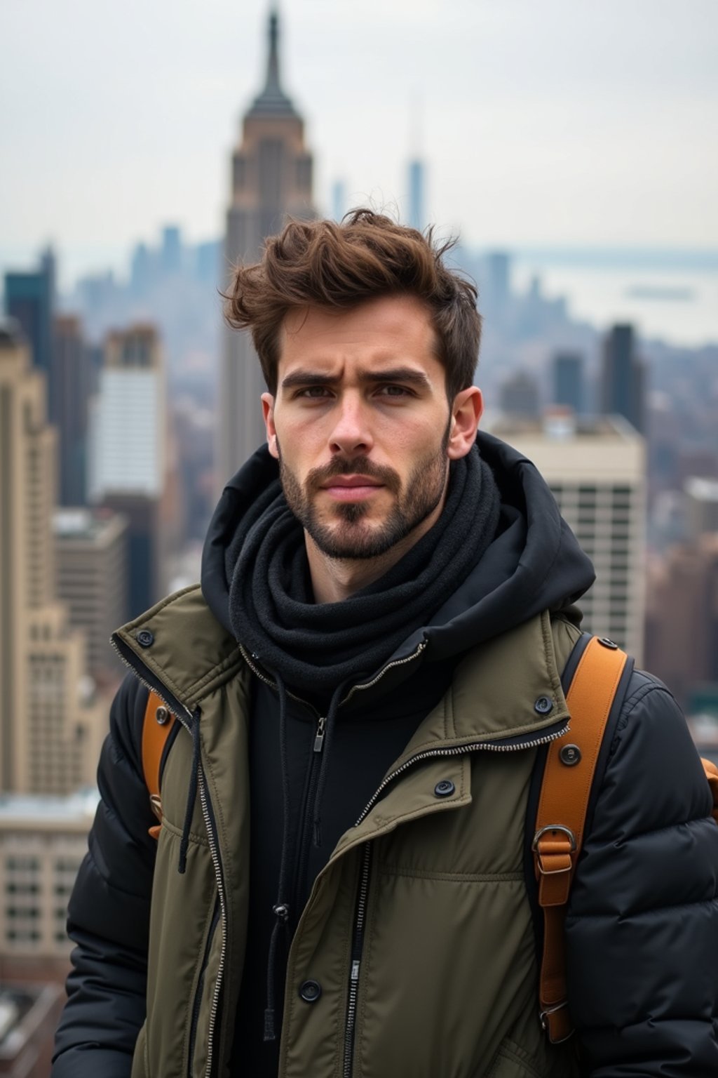 man as digital nomad in New York City with Manhattan in background