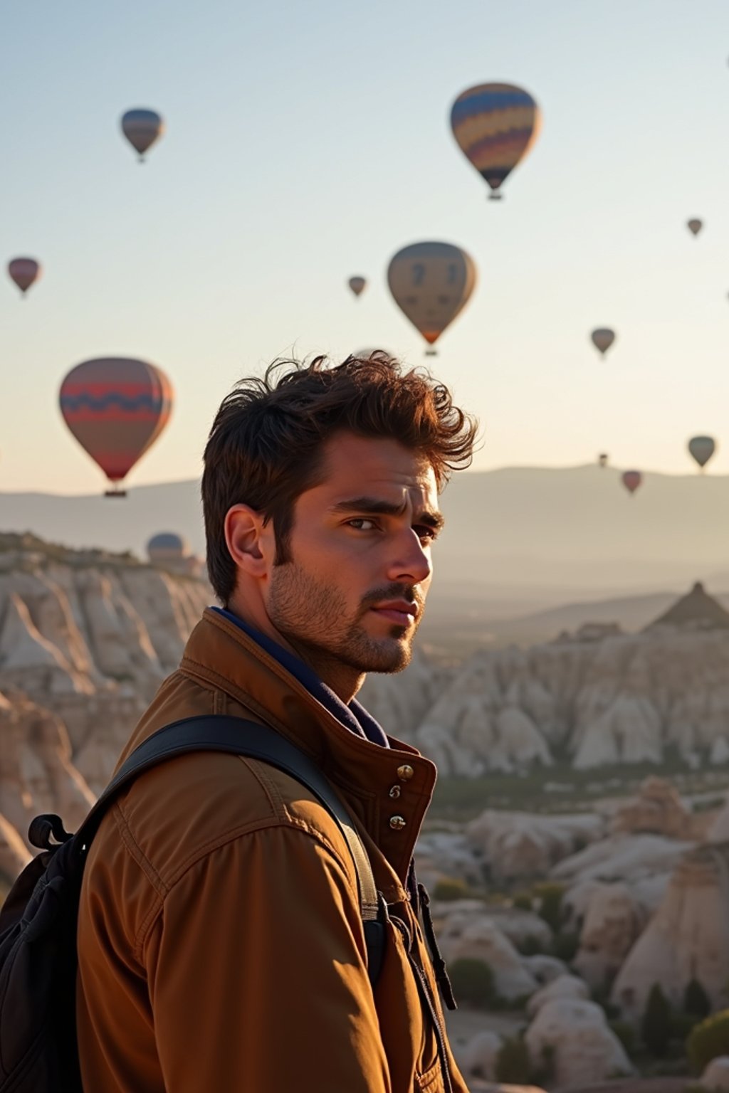 Breathtakingly man as digital nomad with hot air balloons in the background in cappadocia, Türkiye. Cappadocia, Turkey