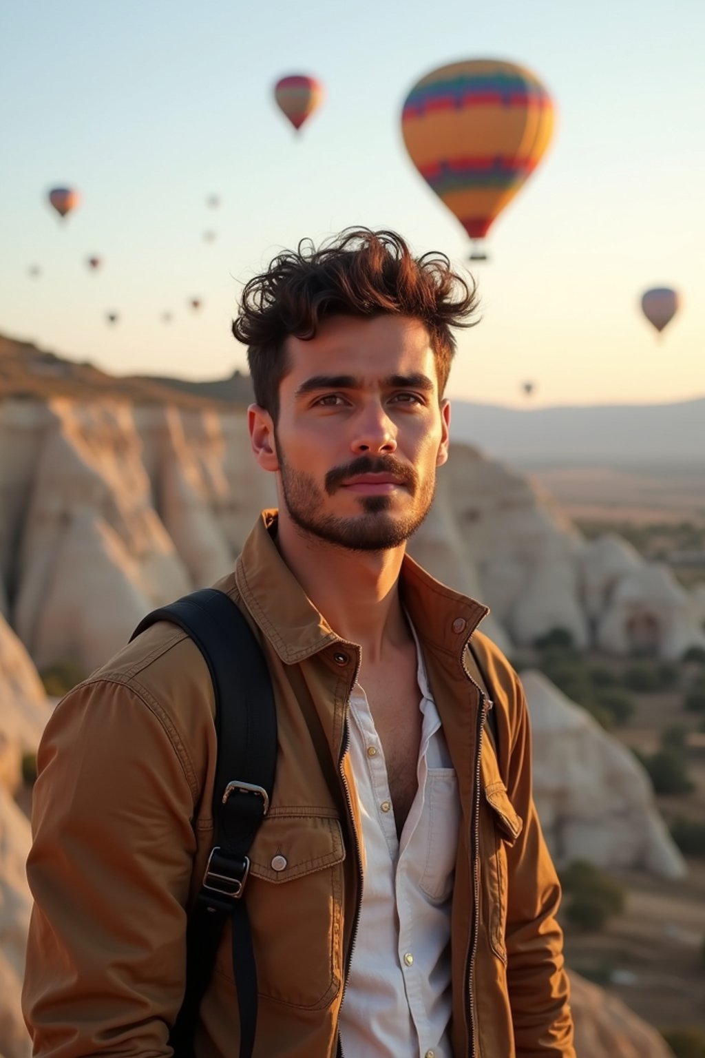 Breathtakingly man as digital nomad with hot air balloons in the background in cappadocia, Türkiye. Cappadocia, Turkey